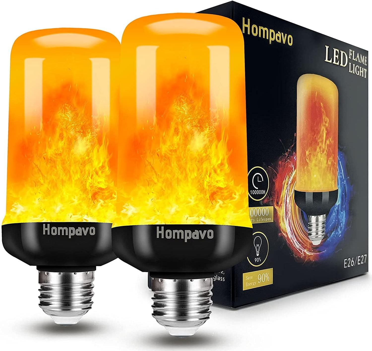 【Upgraded】 LED Flame Light Bulb, 4 Modes Flickering Light Bulbs with Upside Down Effect, E26/E27 Base Flame Bulb for Halloween, Christmas, Party, Indoor and Outdoor Home Decoration (2 Pack)