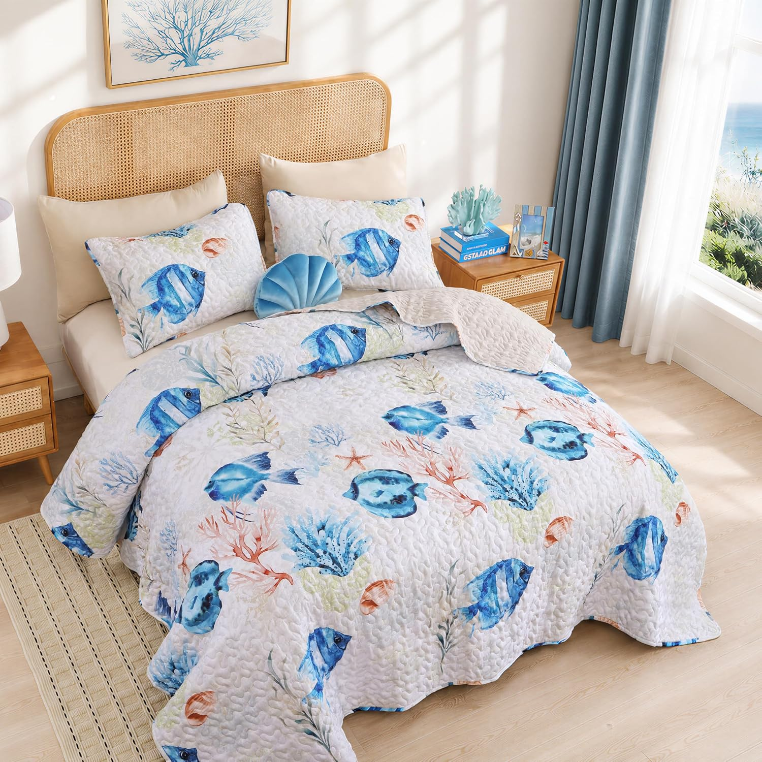 Coastal Quilt Bedding Set Queen Size, Nautical Summer Bedspread