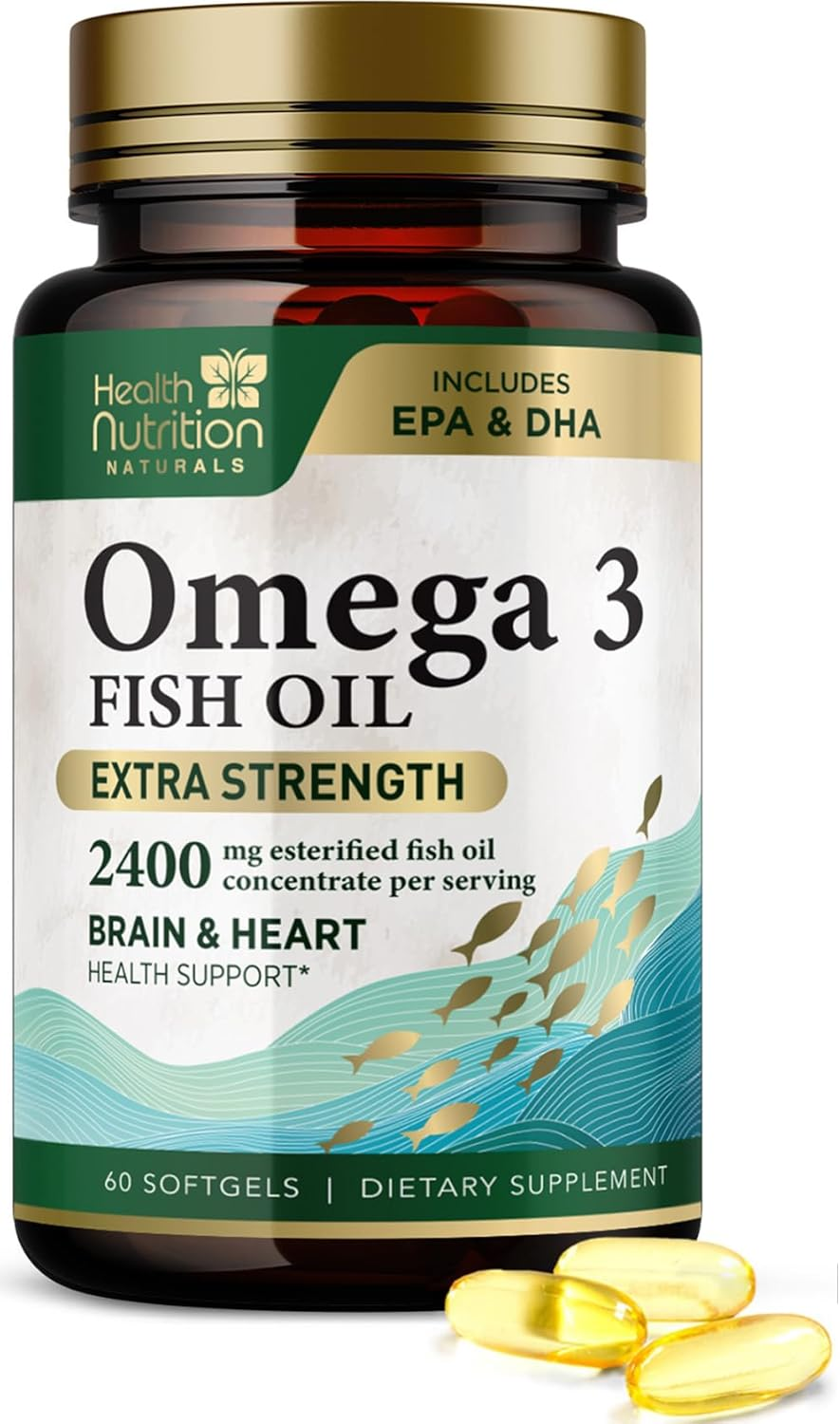 Omega 3 Fish Oil Triple Strength 1200 Mg, Omega-3 Supplements, Natural Brain Heart Health & Immune Support - Fatty Acids with EPA & DHA - Wild Caught Purified Fish Oil Supplement - 60 Softgels