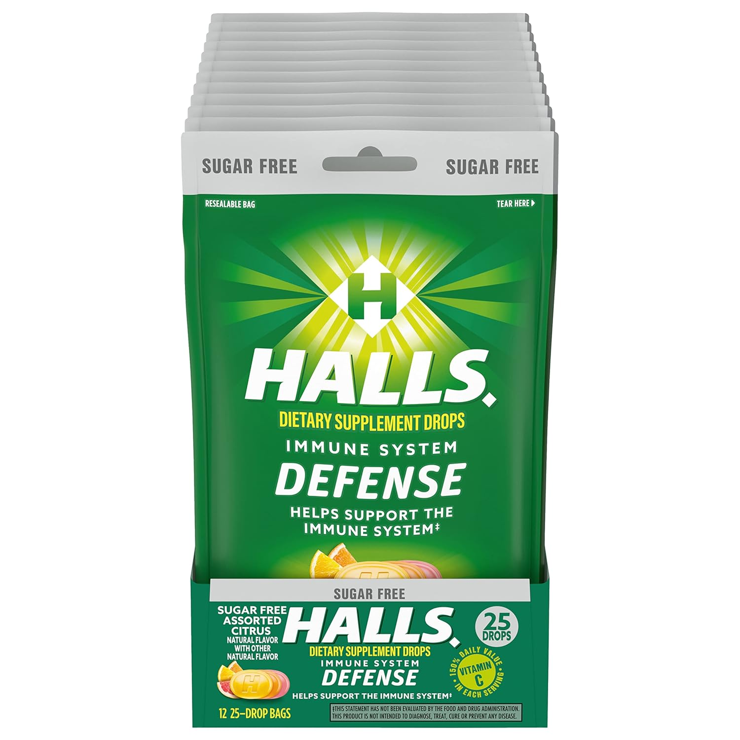 HALLS Defense Assorted Citrus Sugar Free C Drops, Dietary Supplement