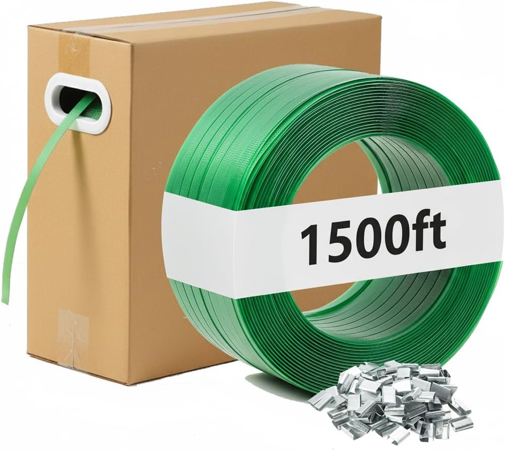 Heavy-Duty Package Strapping, 1500 Ft X 5/8" Green PET Banding Strap Roll Wit...