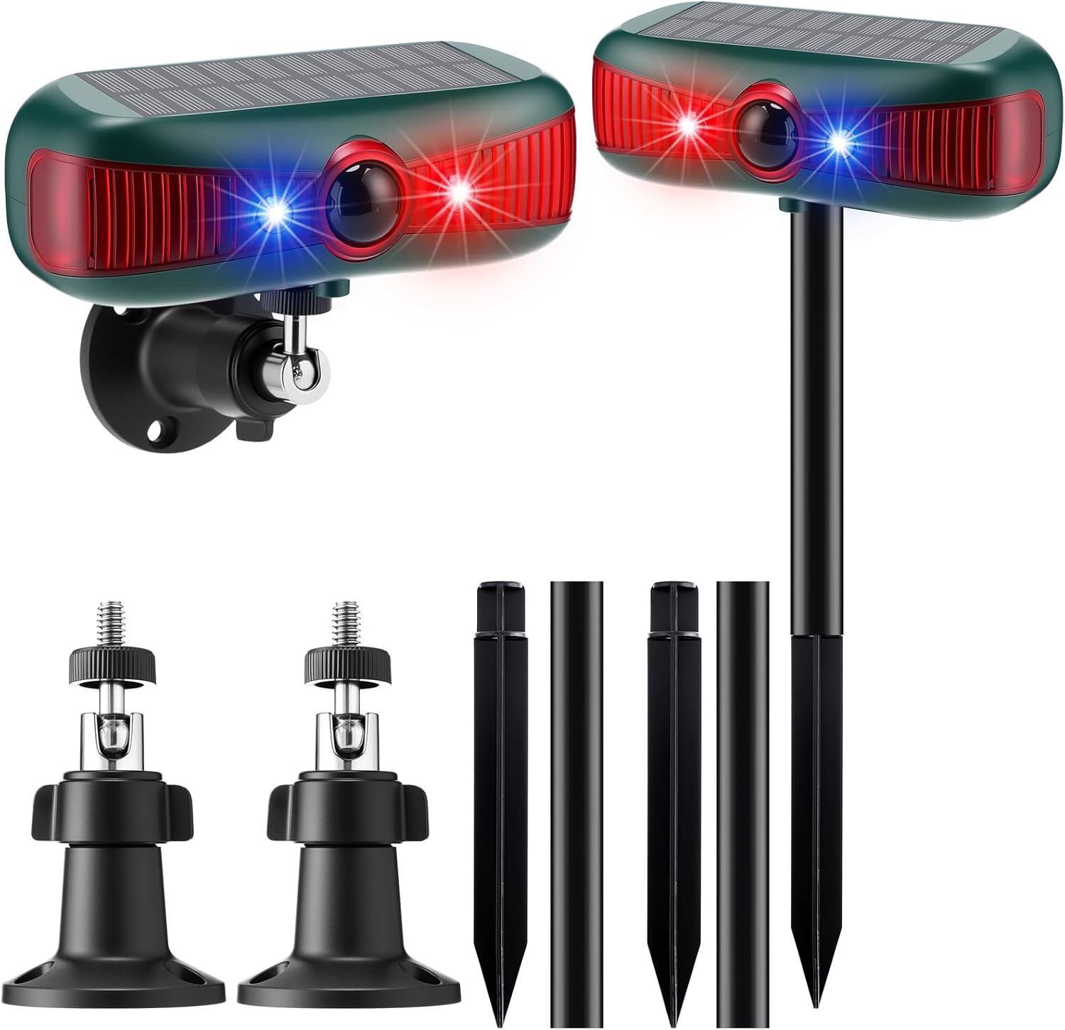 2 Pcs Solar Outdoor Alarm Motion Sensor 129Db Security Siren Ultrasonic Detector Strobe Light, 4 Modes Animal Deterrent Waterproof Alarm for Home, Farm (Red)