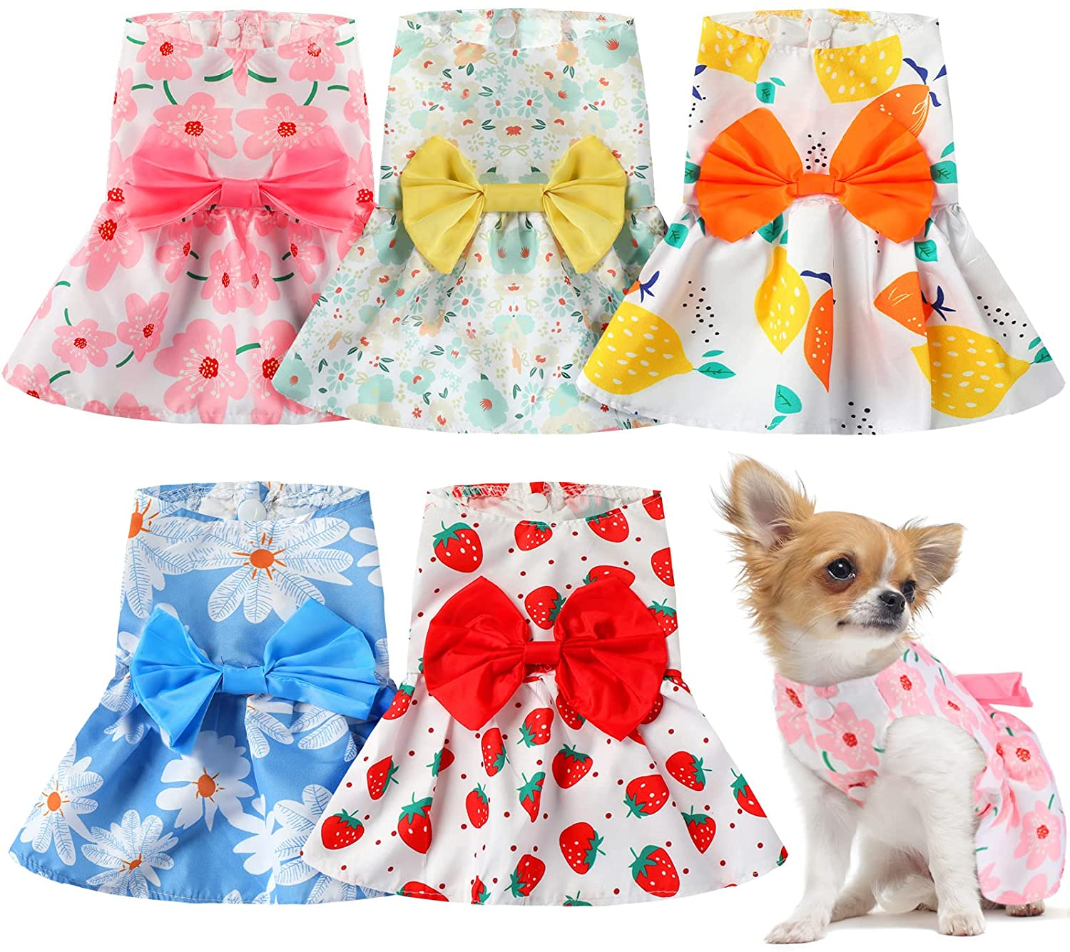 5 Pieces Cute Dog Dress Summer PET Puppy Clothes Soft and Comfortable PET Dog Dresses with Bow Knot for Small Pets, 5 Styles (Large)