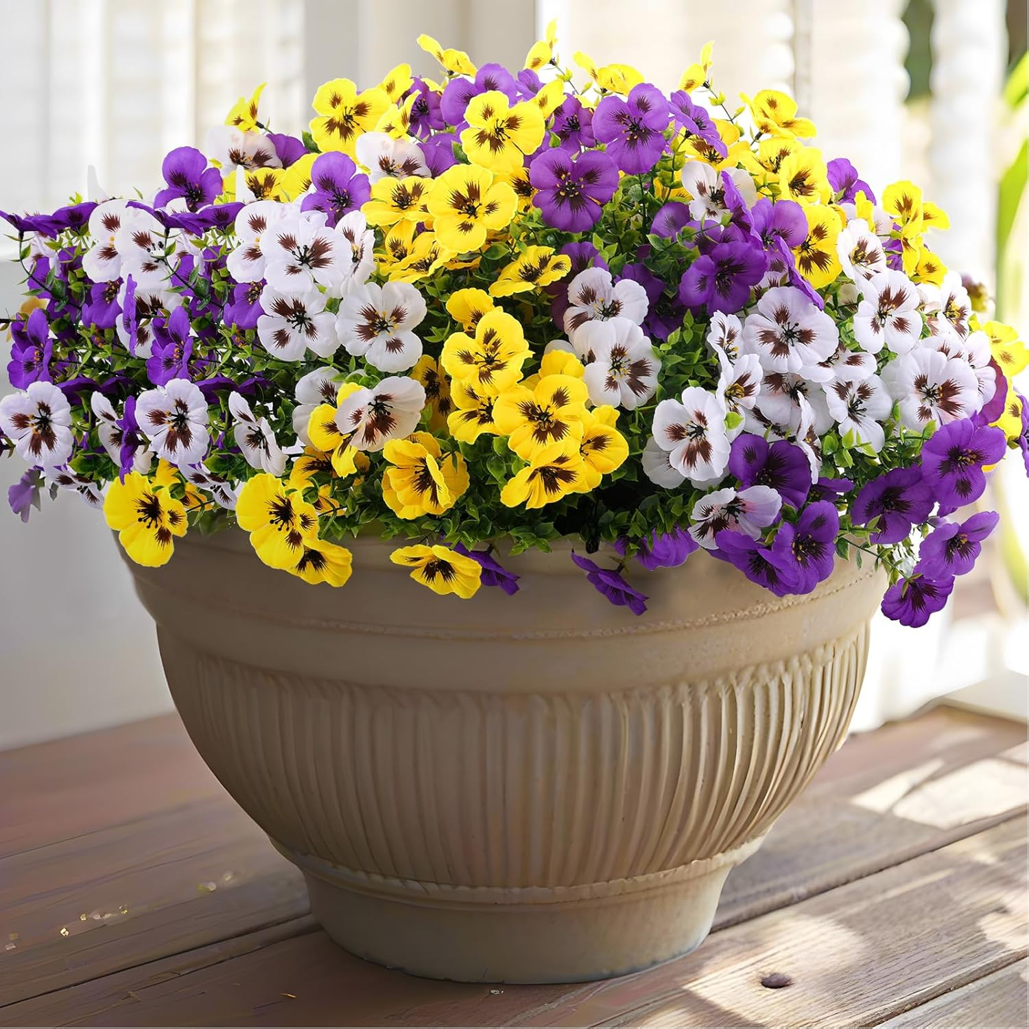 Artificial Fake Pansy Flowers for Outdoor, Faux Silk Pansies Spring Flowers for outside for Planter Front Door Porch Yard Patio Window Box Home Decor (18, Purple, Yellow, White)