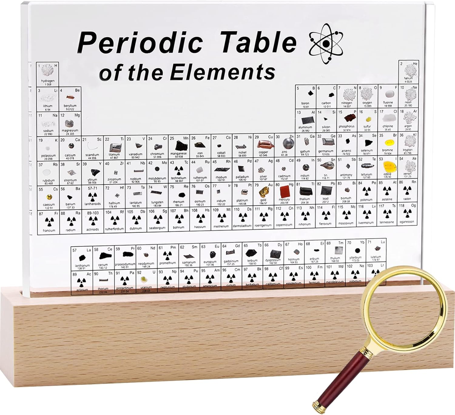 SETHVILL Periodic Table with 83 Real Elements Inside, Acrylic Periodic Table of Chemical Elements with Wooden Stand and Magnifying Glass, Periodic Table Display with Elements for Teacher Students
