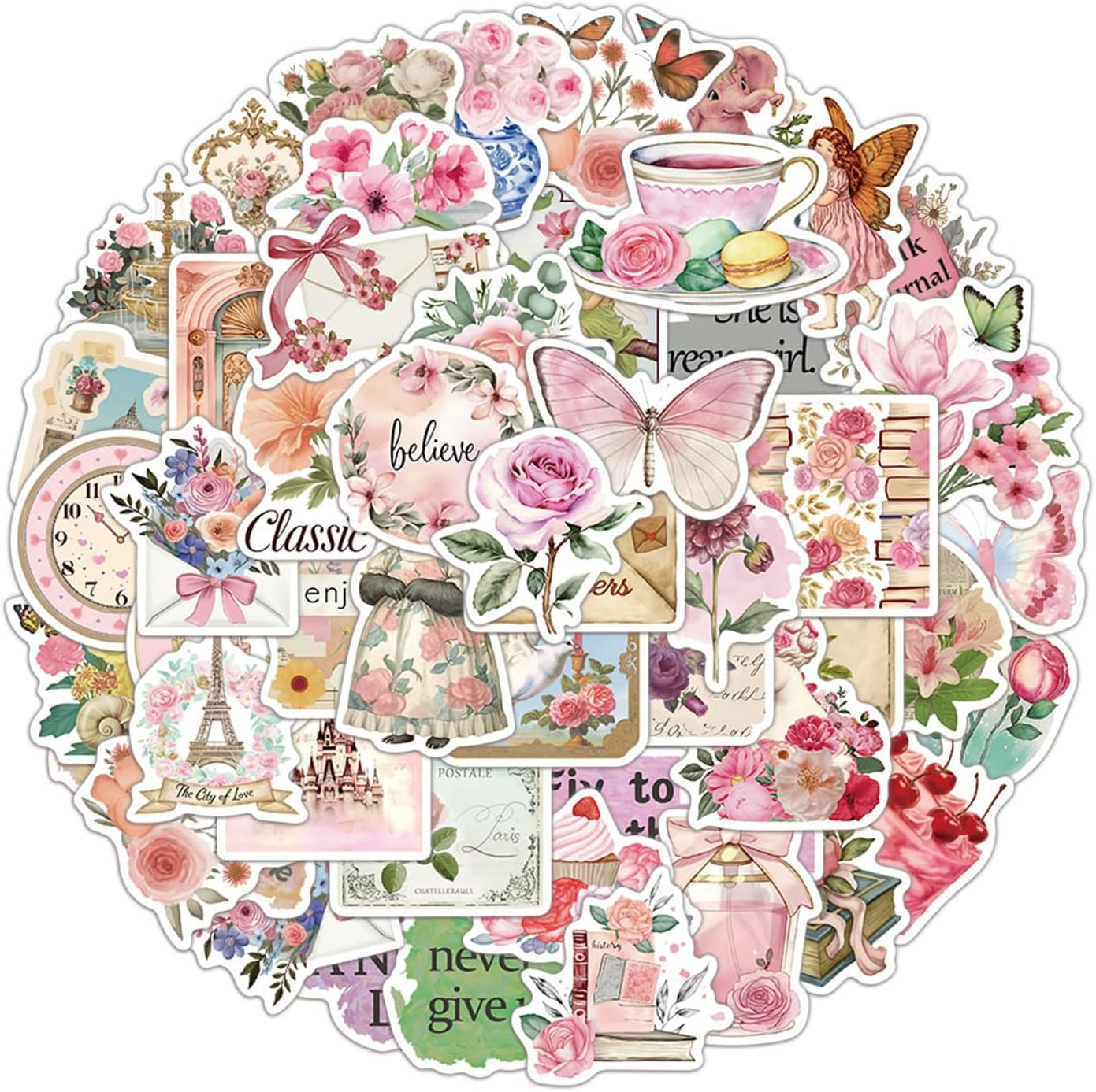 50PCS Retro Pink Collage Doodles Sticker Butterfly Flower Letter Theme PVC St... - Picture 2 of 14