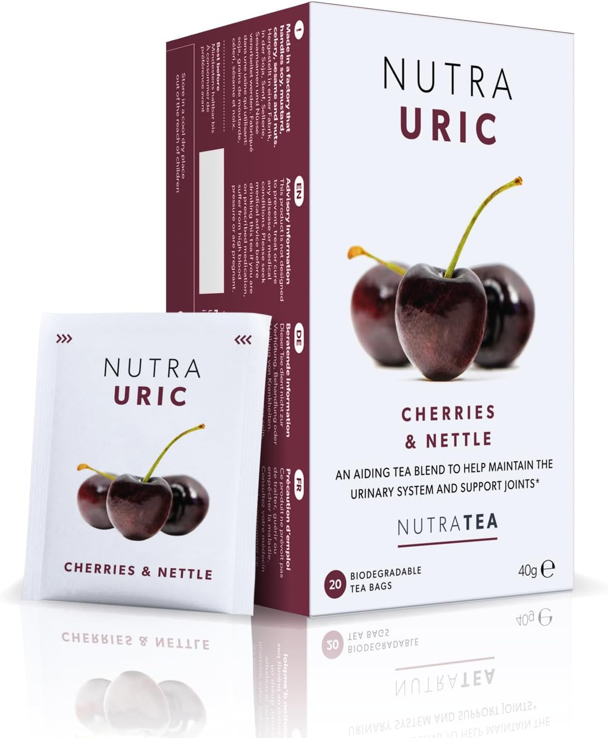 Nutra Tea NUTRAURIC - Uric Acid Support - Containing Natural Cherry & Nettle - 20 Individual Wrapped Bags - Herbal Infusion (1 Pack)