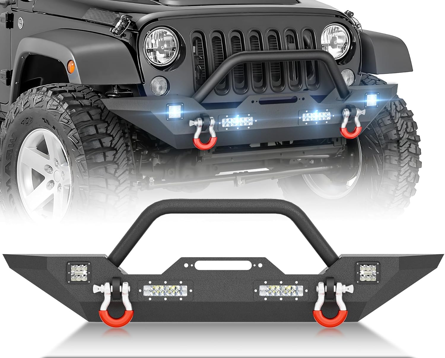 For Wrangler JK Front Bumper Compatible with 2007 2008 2009 2010 2011 2012 2013 2014 2015 2016 2017 2018 Jeep Wrangler JK JKU Unlimited 2/4 Doors with Winch Plate, Bull Bar, LED Lights & D-Rings