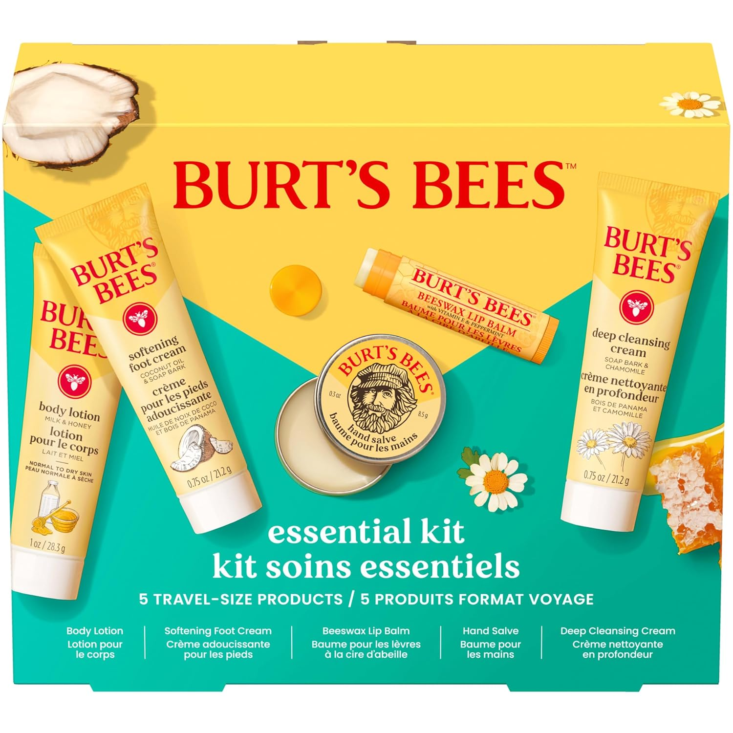 Burt'S Bees Gift Ideas - Essentials Everyday Set, 5 Travel Size Products - Deep Cleansing Cream, Hand Salve, Body Lotion, Foot Cream and Original Lip Balm