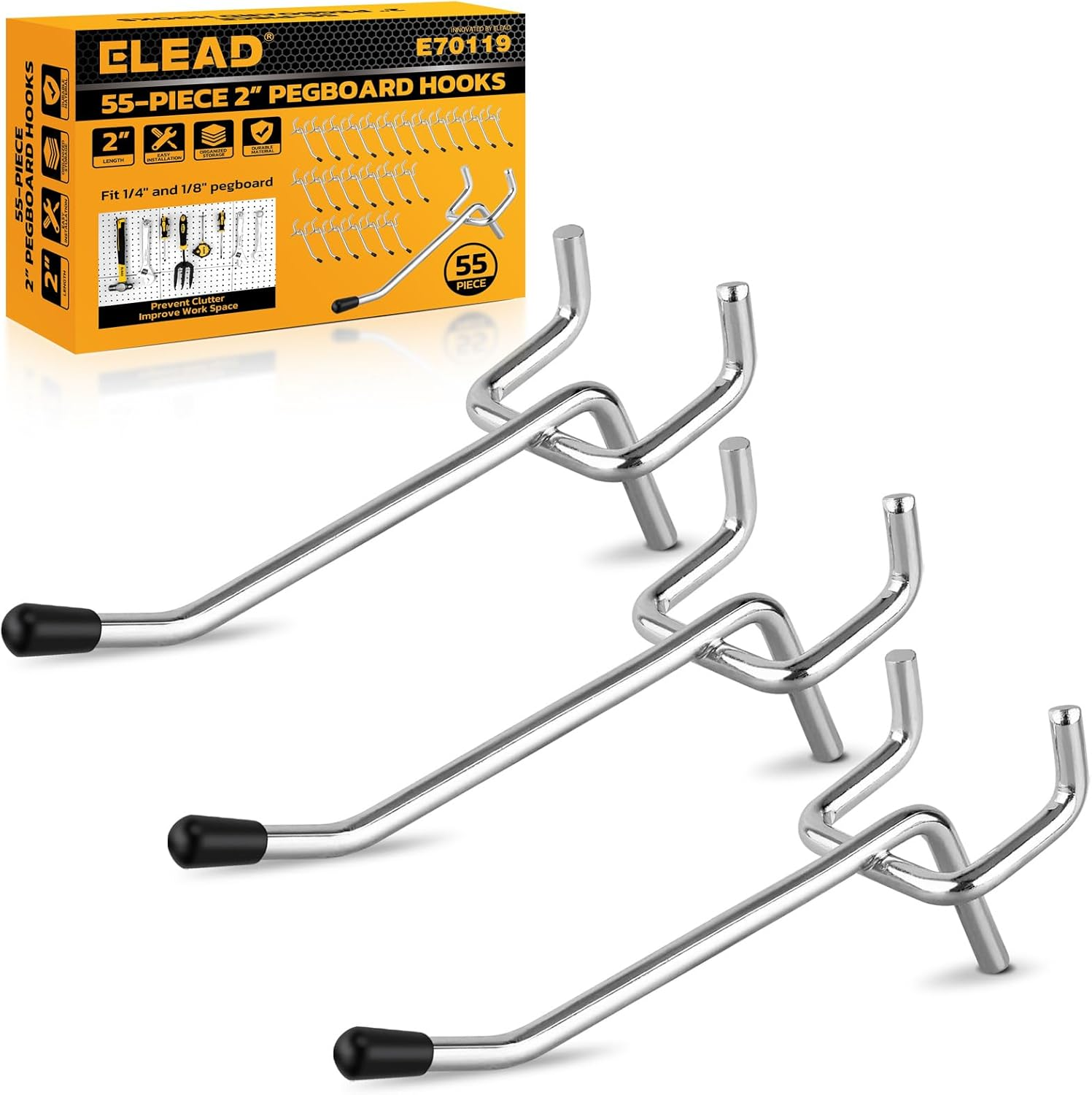 ELEAD 55-Piece 2 Inch Pegboard Hooks, Heavy Duty Peg Board Organizer Accessories, Peg Board Tool Hangers Fit for 1/4