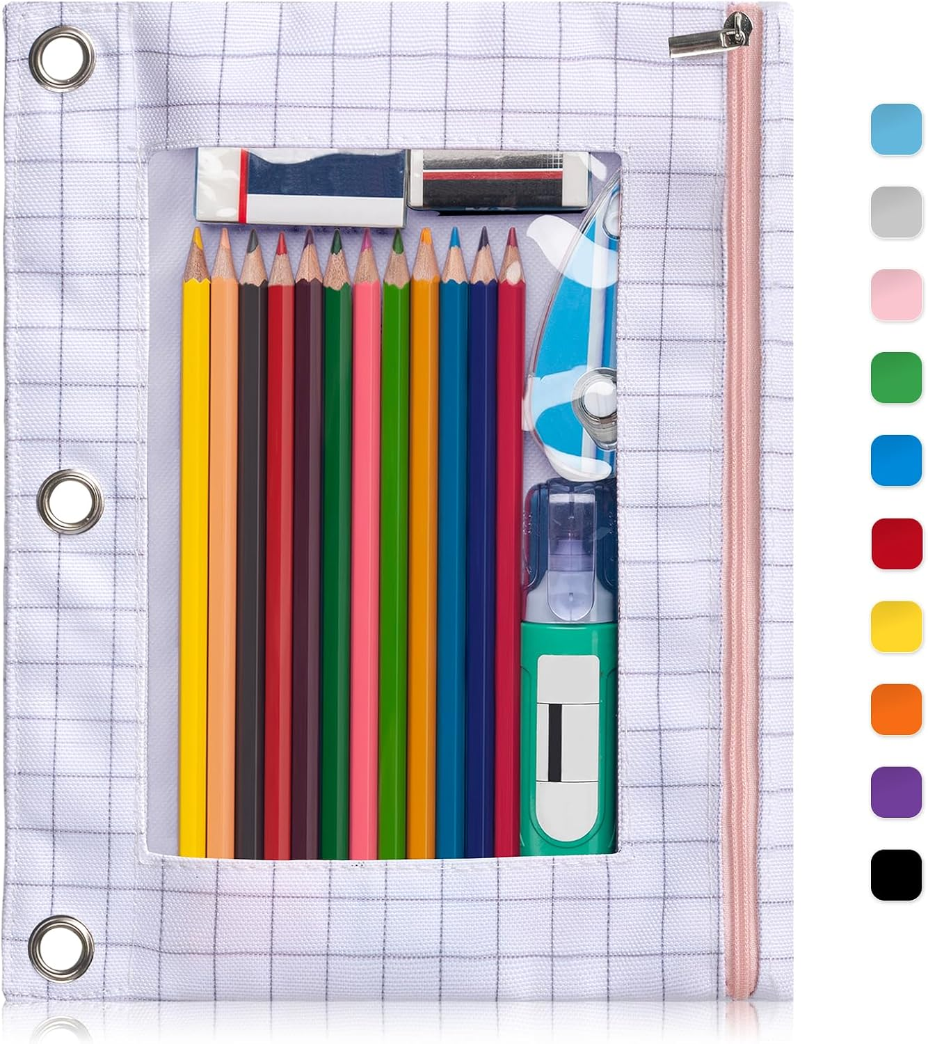 Pencil Pouch for 3 Ring Binder, Large Pencil Case Pouch with 3 Reinforced Grommets, Pen Bag, Clear Window Pencil Case, Binder Accessories, White Plaid