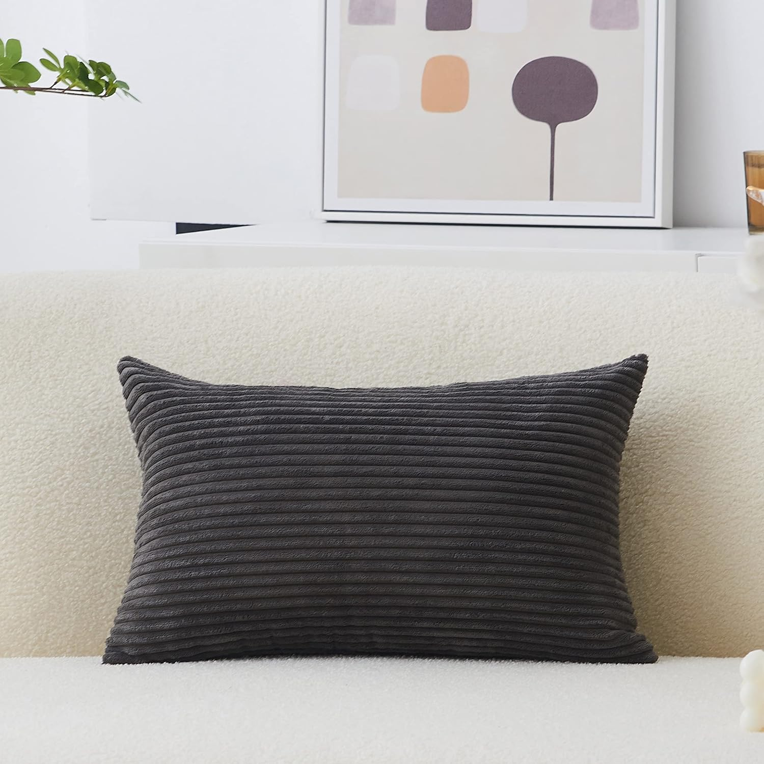 Decorative Pillow Cover 12X20 Plush Striped Velvet Corduroy Oblong Pillowcase Accent Cushion Cover, 12 X 20 Inch (30X50 Cm), Dark Grey