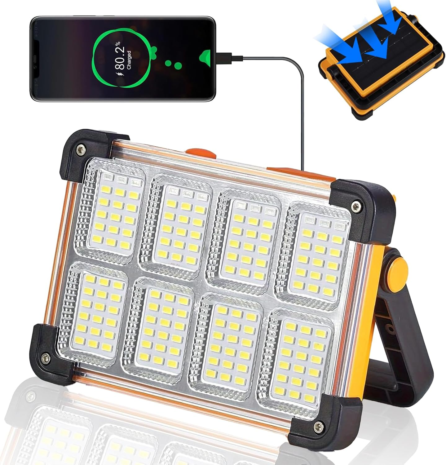 120W Rechargeable Solar Work Light, 144 LEDs 10000Lm Portable Flood Light with Stand, Ip66 Waterproof Power Bank, 4 Modes, Led Lighting Flashlights for Potty Place