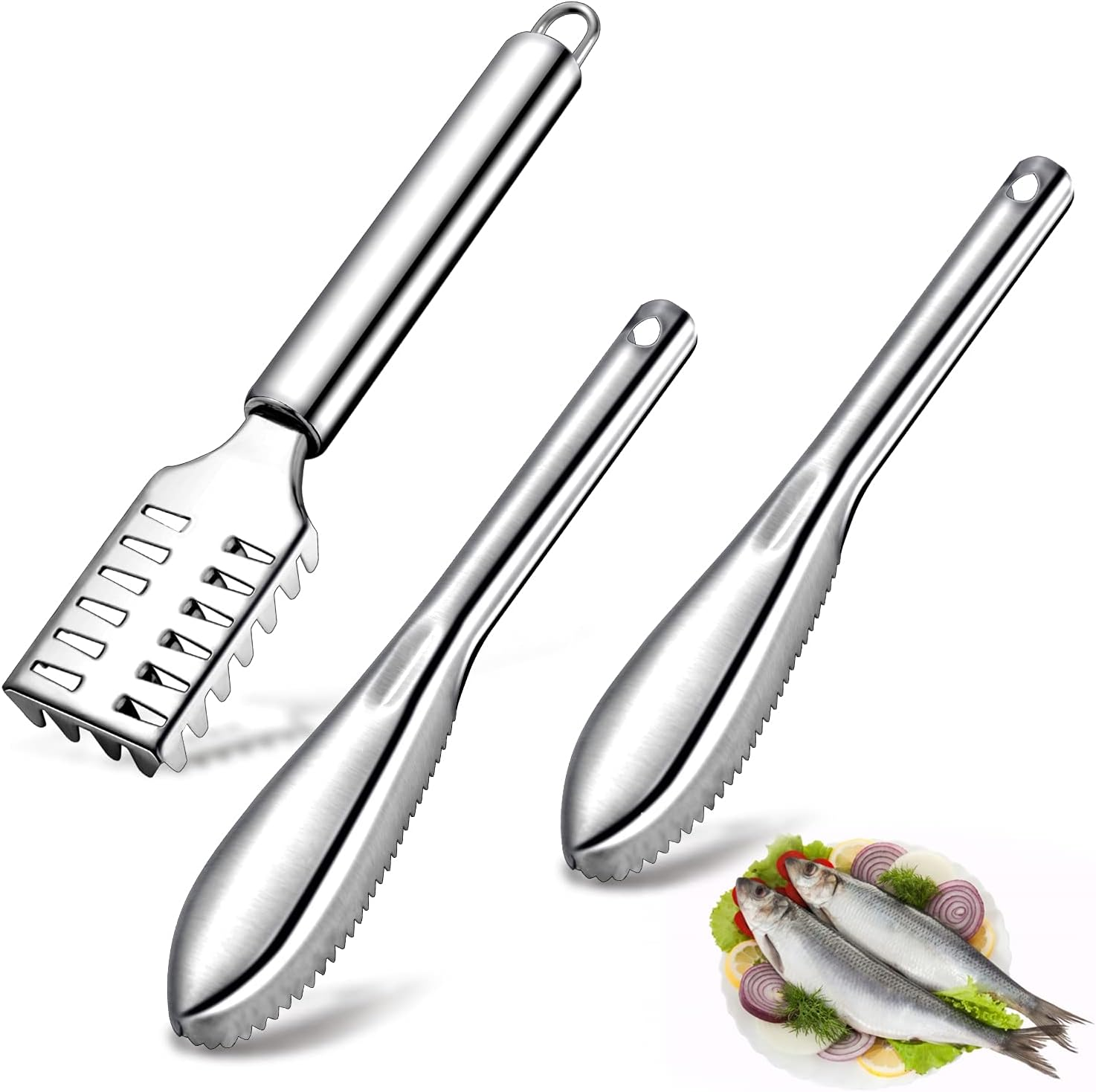 Limpiador De Escamas De Pescado Set De 3 Herramienta De Cocina Acero Inoxidable