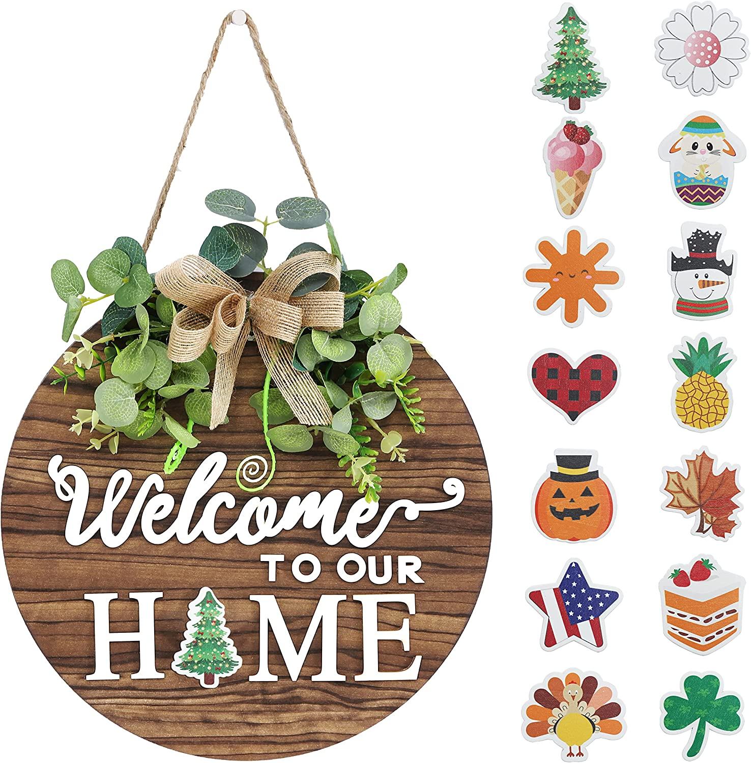 Interchangeable Seasonal Welcome Sign Front Door Decoration, Rustic round Wood