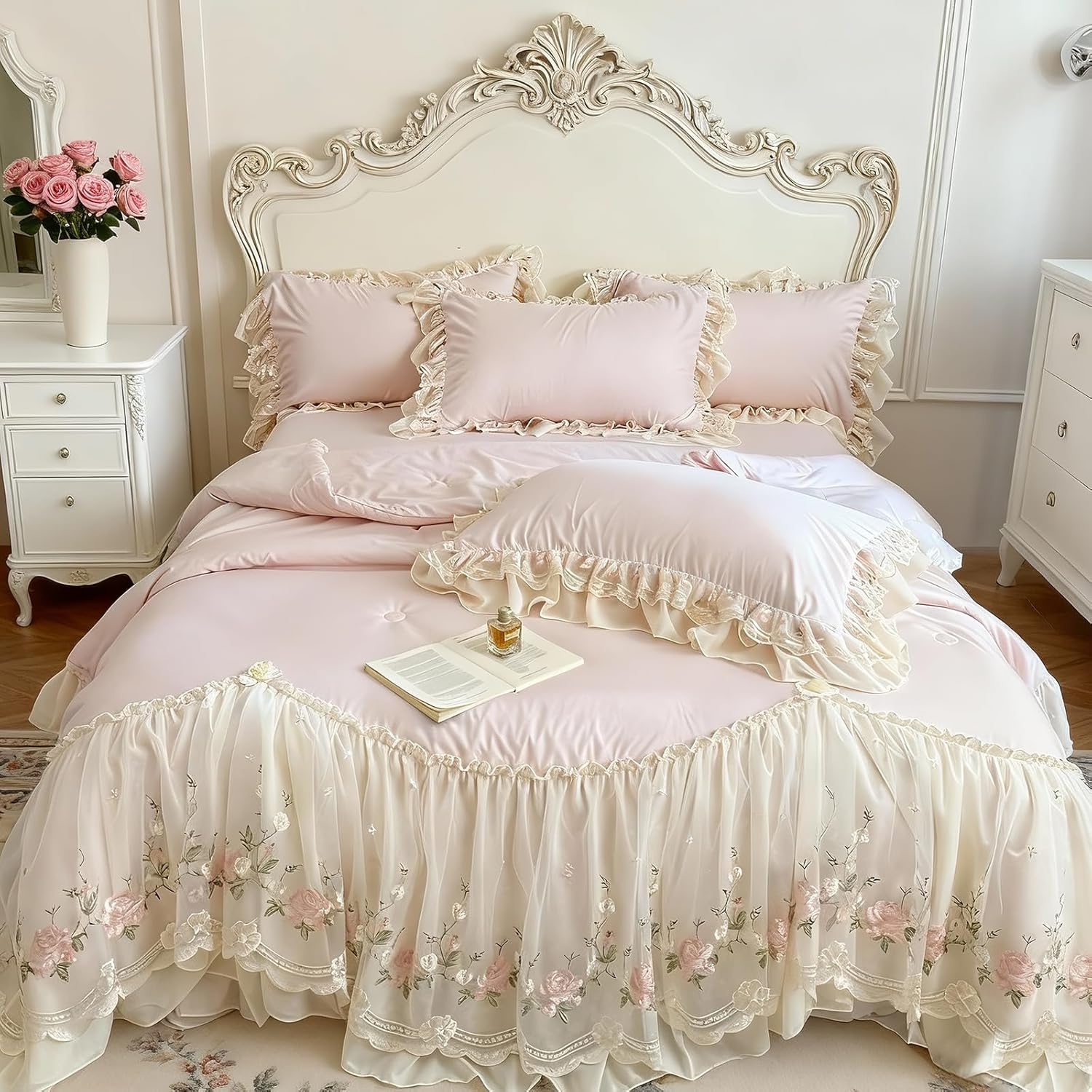 French Chic Bedding Set 4-Piece - Romantic Lace Trim Washed Cotton, Duvet Cover with Bed Skirt & Pillowcases for Queen Bed, Princess Style(Comforter Not Included) (Pink,Full)