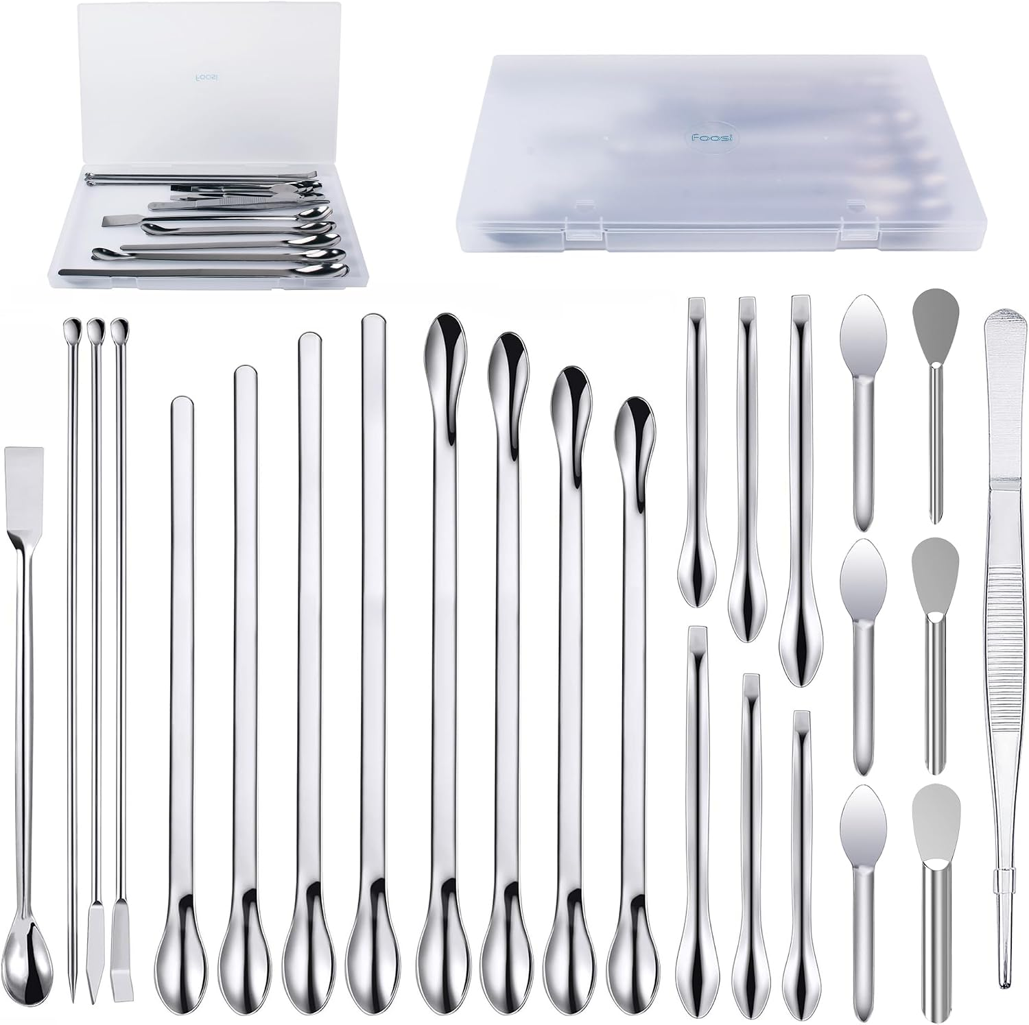 25 Pcs Stainless Steel Lab Spatula Micro Scoop Set Laboratory Tiny Mixing Spatula with Tweezers Long Sampling Spoon for Powders Gel Cap Capsule Filler (25Pcs)