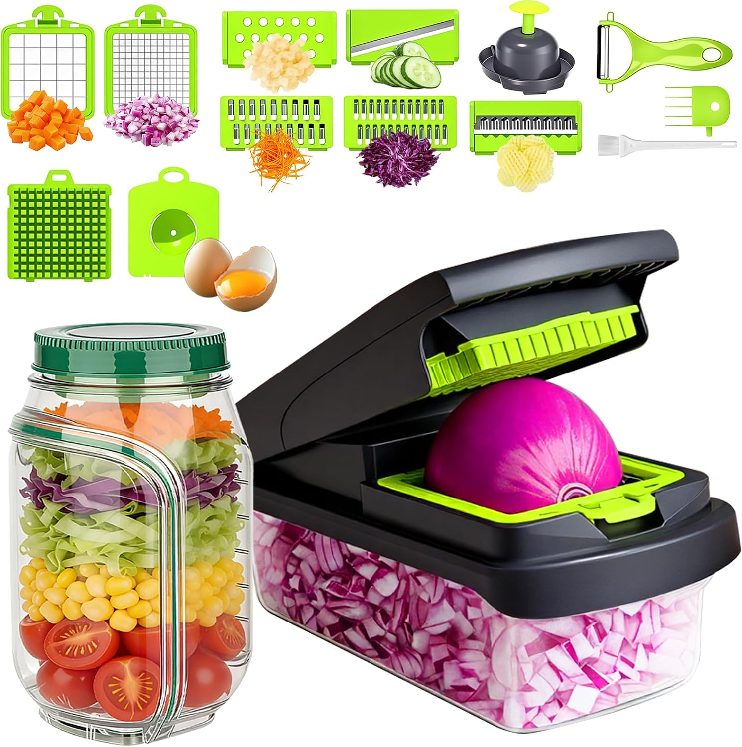 cortador de verduras y ensalada con recipiente y cuchillas de acero pack 8 en 1