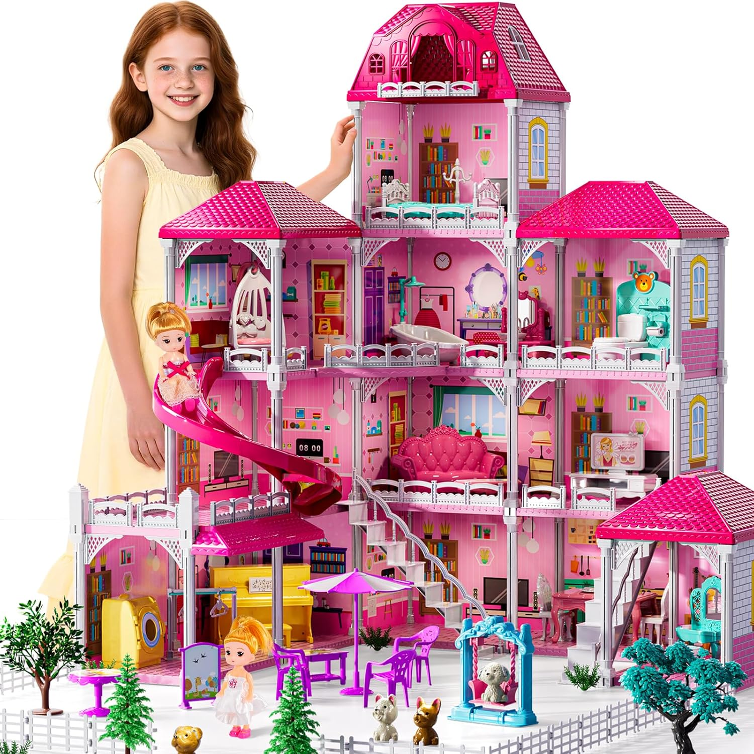 Villa Playset for Girls Ages 3-7 4-Story 12 Room House with 2 Dolls Furniture