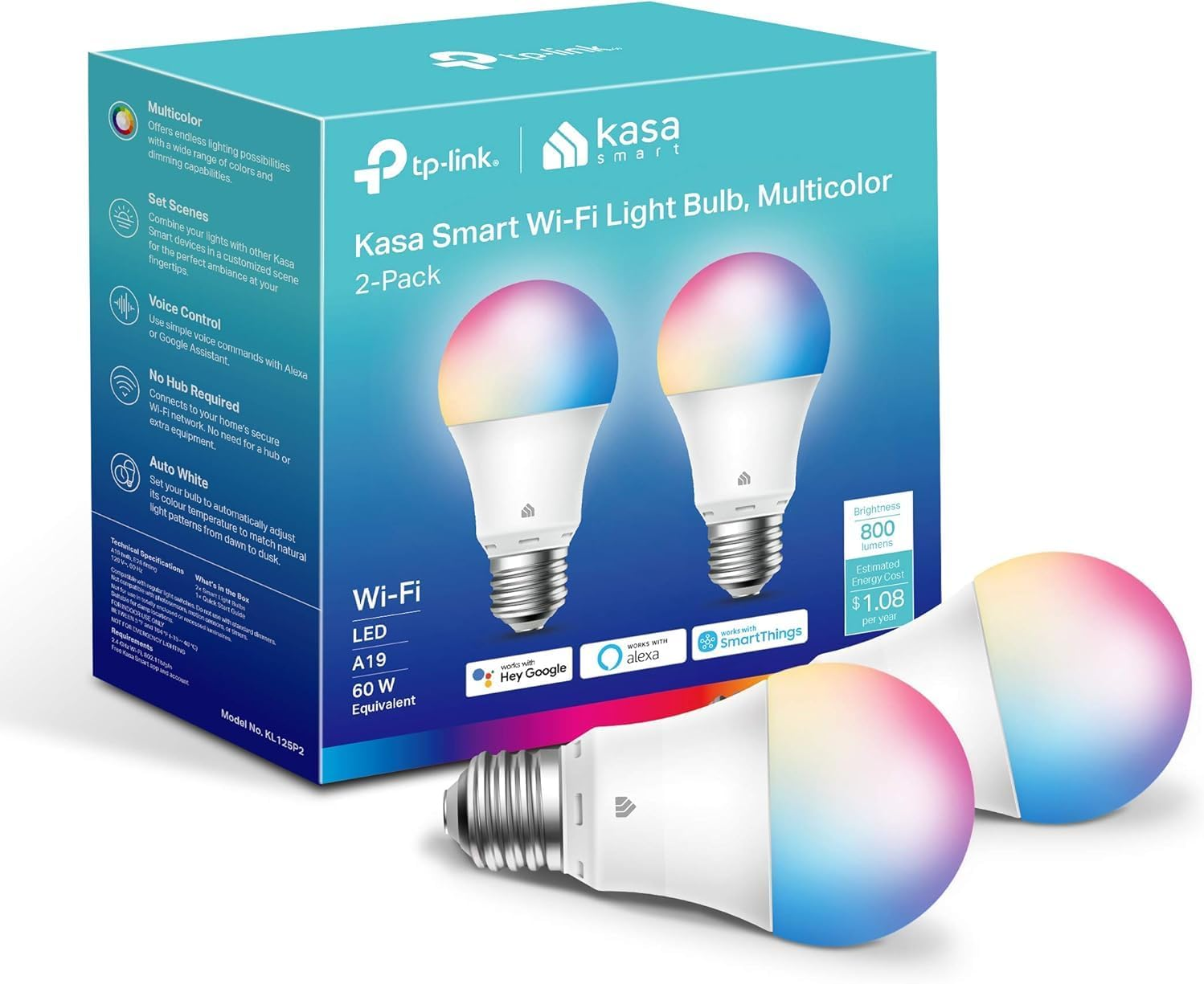Light Bulbs, Full Colour Changing Dimmable Smart WiFi Bulbs Compatible with Alexa and Google Home, A19, 9W 800 Lumens,2.4Ghz only, No Hub Required, 2-Pack (KL125P2), Multicolour