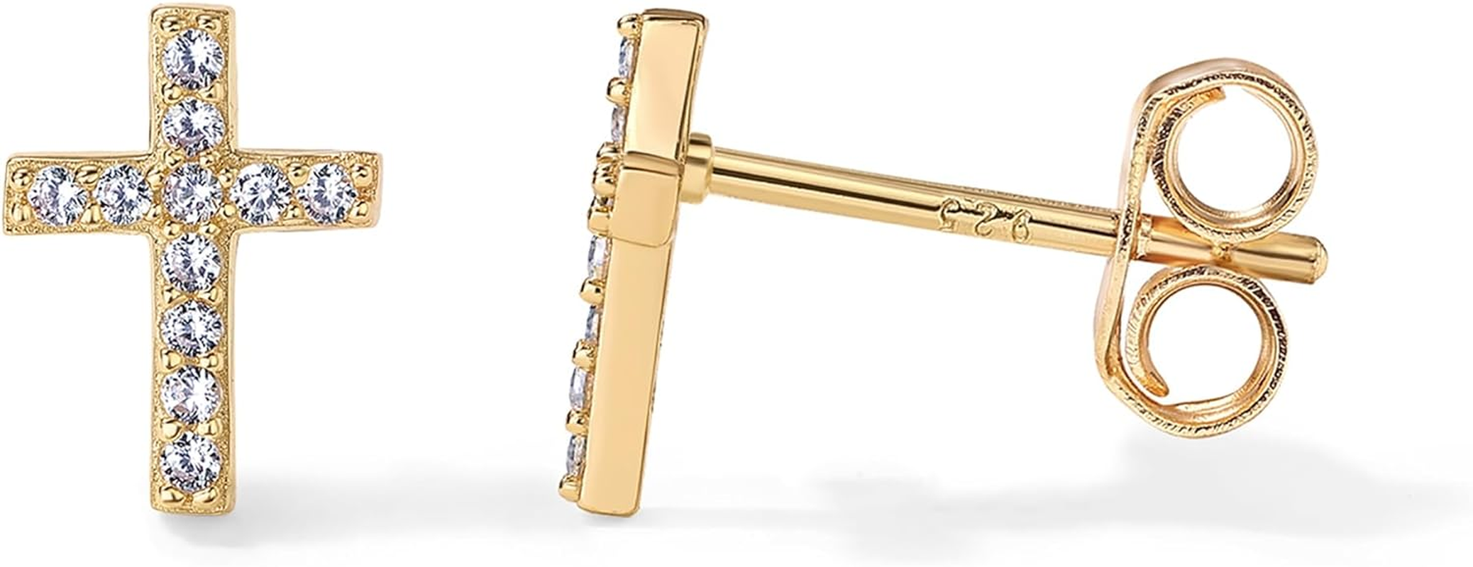 14K Gold Plated Sterling Silver Cross Earrings, Small Cubic Zirconia Studs  | eBay