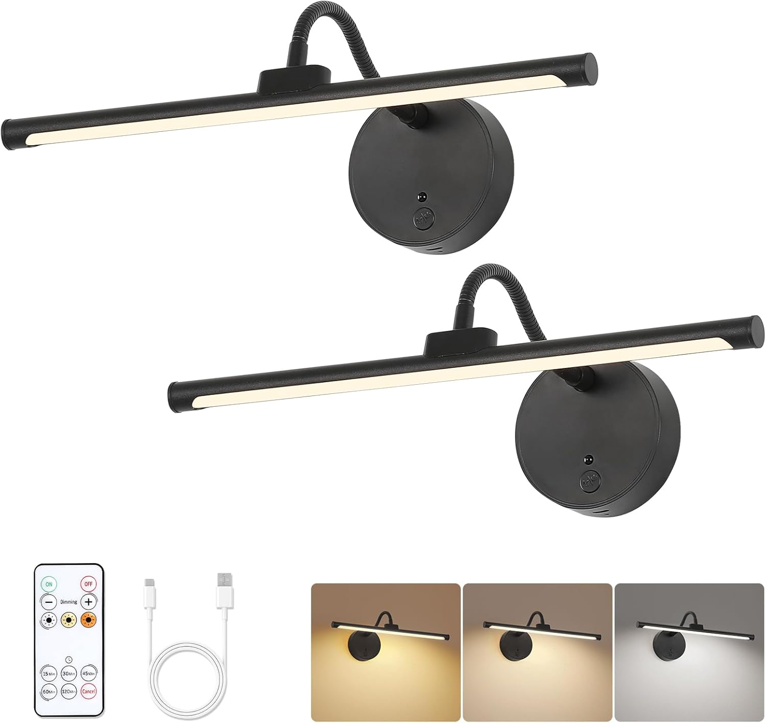 Wireless Picture Light 13.5 Inch for Gallery Walls 2 Set– Easy-Install, Battery-Powered Frame Light for Paintings, Portraits, and Home Decor Black