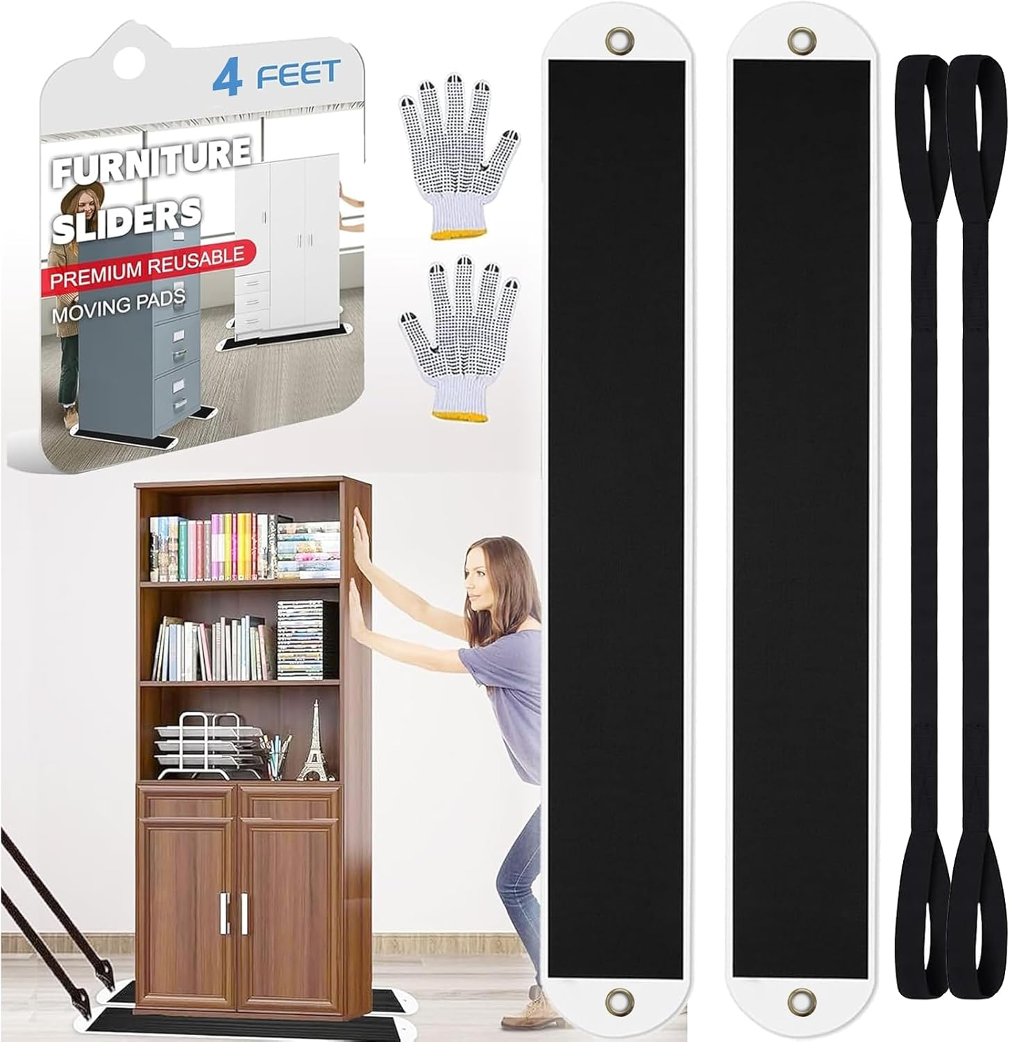 2 Set Large Furniture Sliders with Pull Strap,Appliance Moving Sliders,Heavy Duty Furniture Movers Sliders,Furniture Pull Sliders for Carpet and Hardwood Floors 4 Feet