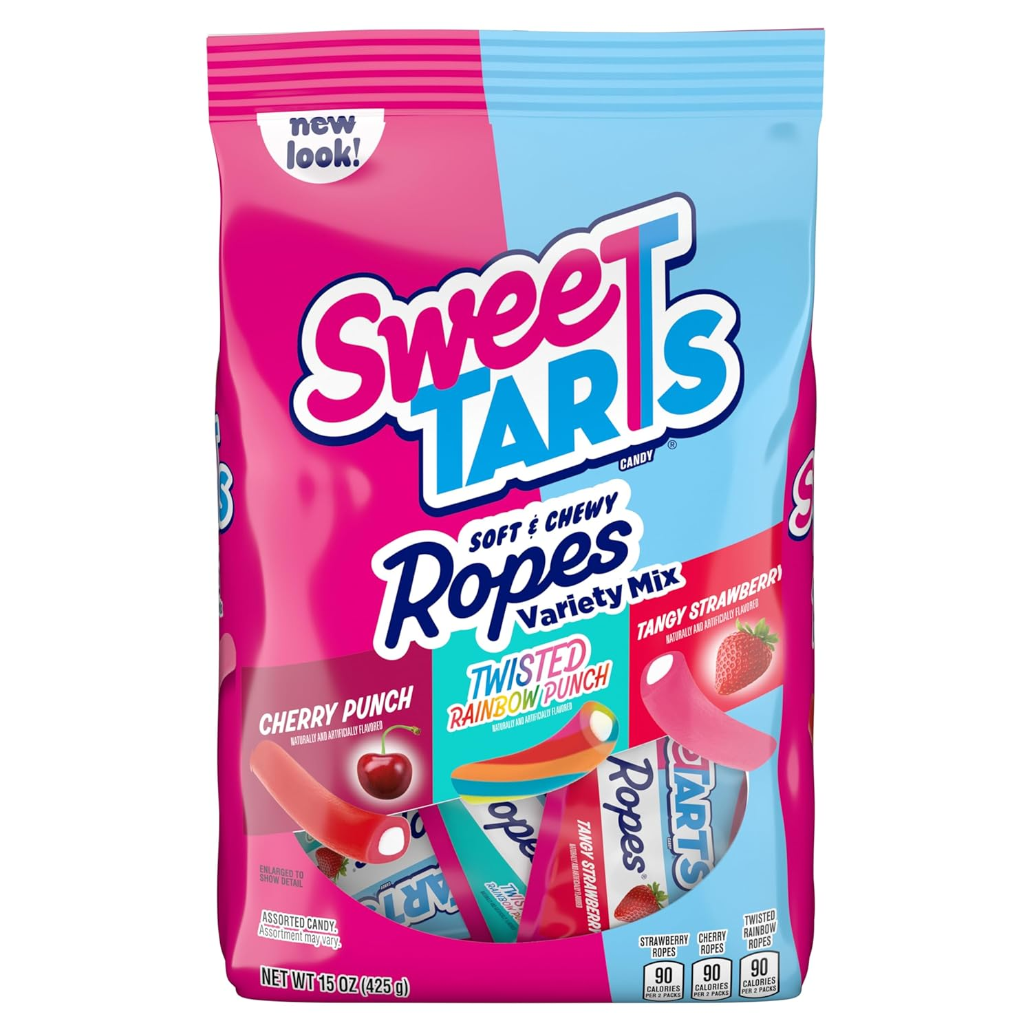 Ropes Candy, Variety Mix, Cherry Punch, Twisted Rainbow Punch, Tangy Strawberry, Soft and Chewy, 15 Oz