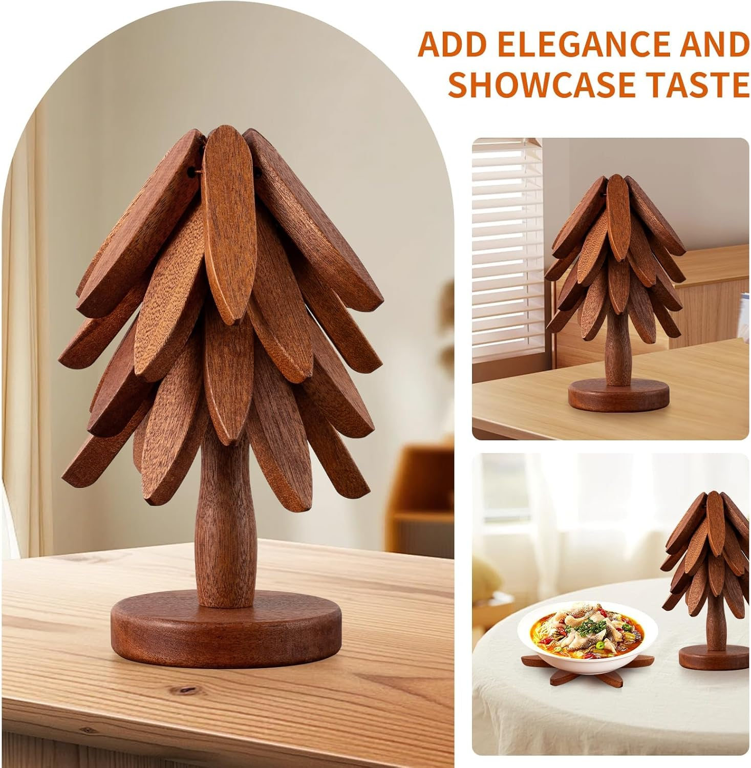 Wooden Trivets for Hot Dishes,Tree Shape Trivet Set,4 Trivets+1 Stand,Natural... - Picture 5 of 14