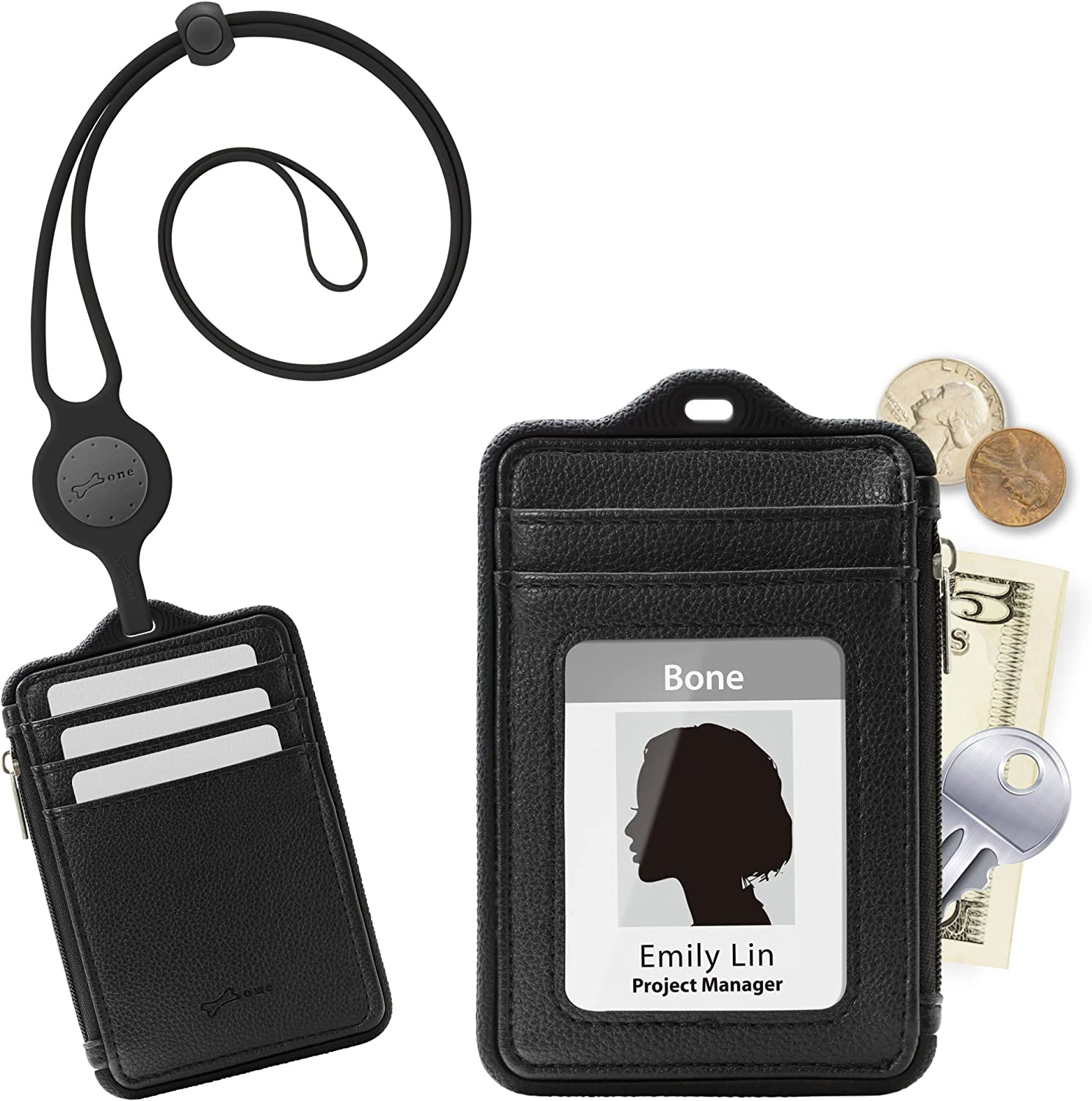 BONE Lanyard Wallet, Lanyards for ID Badge Holder with Zipper, Genuine Leathe... - Picture 11 of 14