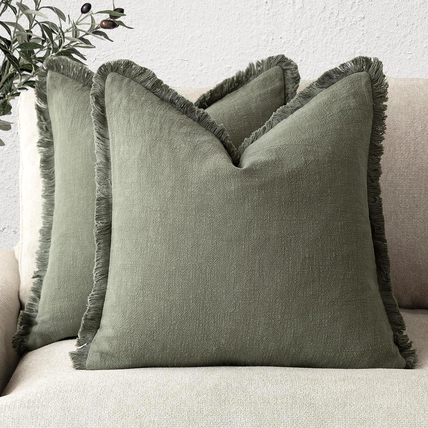 Set of 2 Decorative Linen Fringe Throw Pillow Covers Cozy Boho Farmhouse Cushion Cover with Tassels Soft Accent Pillowcase for Couch Sofa Bed Living Room Home Decor,18×18 Inch,Olive Green