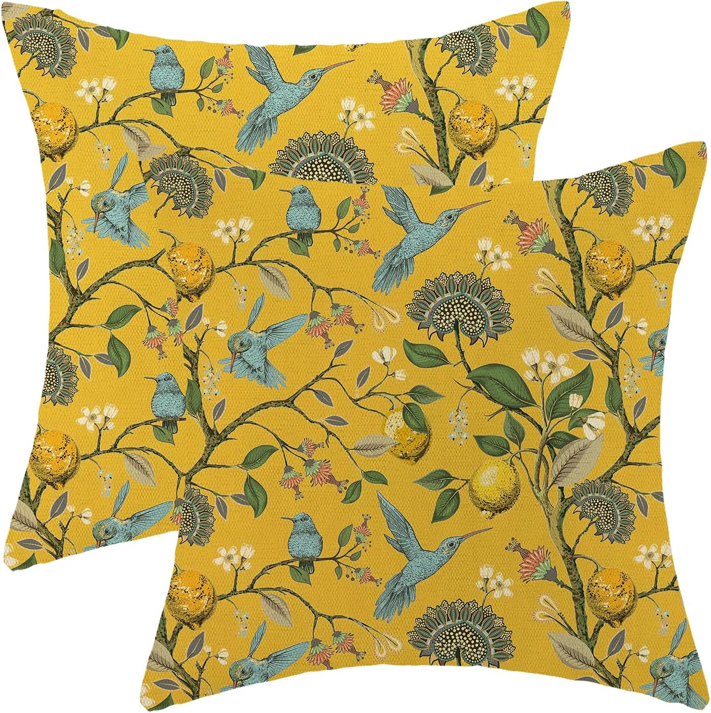 Chinoiserie Pillow Covers 18x18 Set of 2 Yellow Birds Lemon Throw Pillow Covers Outdoor Decoration Spring Summer Pillowcase Farmhouse Decorative Cushion Case for Home Couch