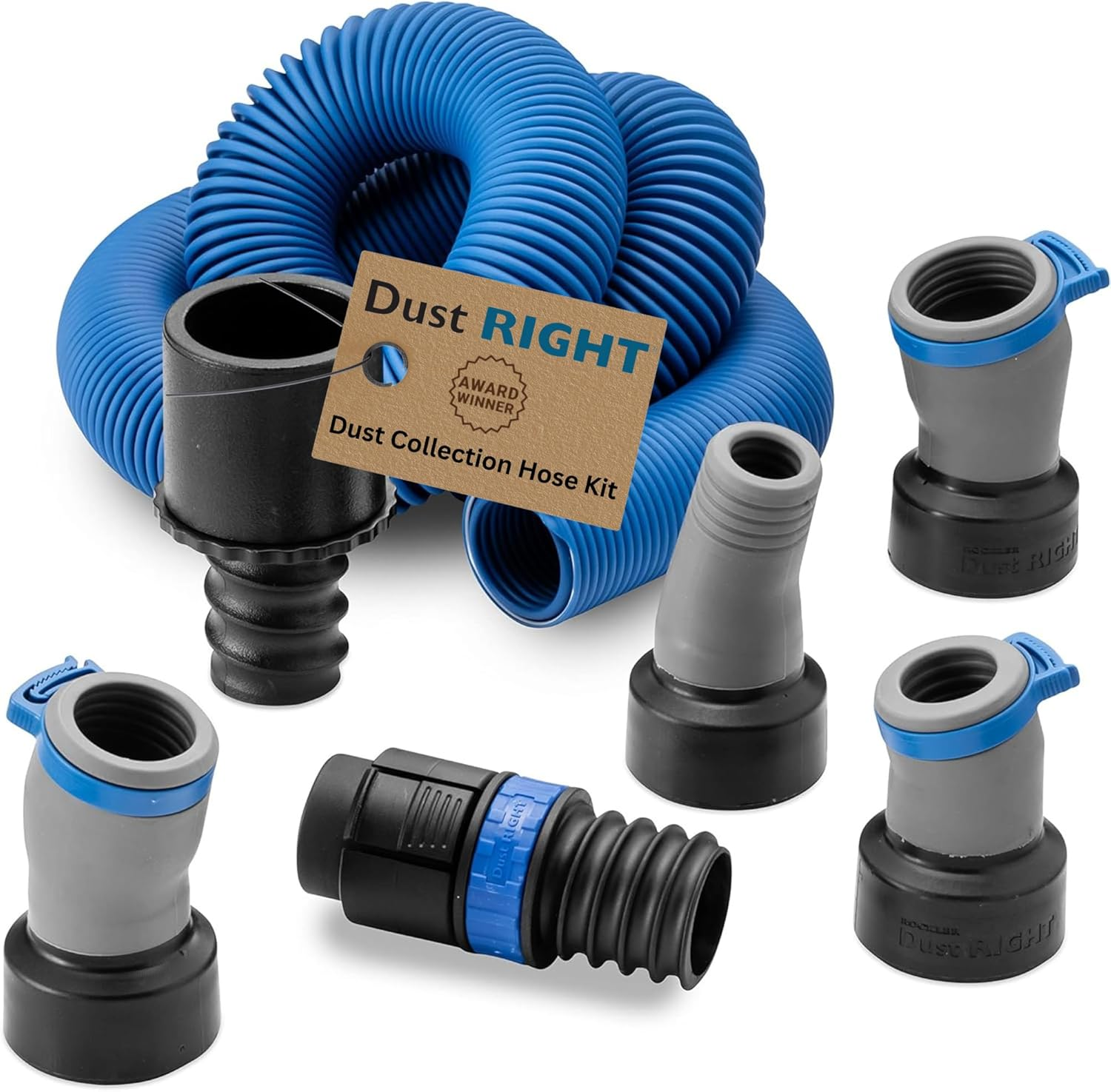 Dust Right Flexiport Power Tool Hose Kit - 3 to 12' Expandable Hose & 4 Flexiports - Lightweight Dust Collectors for Woodworking Power Tools - Collector Hose for Shop Vacuums, Table Saw & More