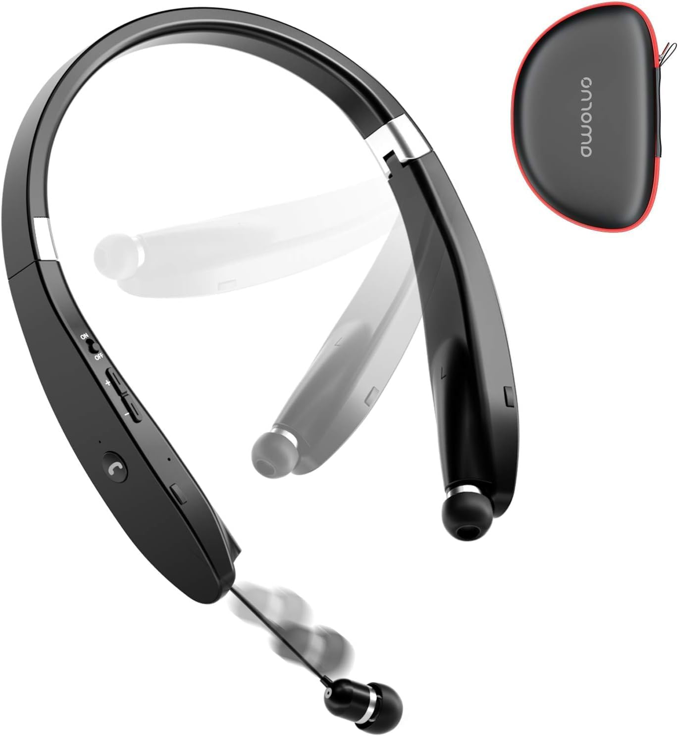 Foldable Bluetooth Headphones Wireless Neckband Headset with Retractable Earbuds, Sports Sweatproof Noise Cancelling Stereo Earphones with Mic