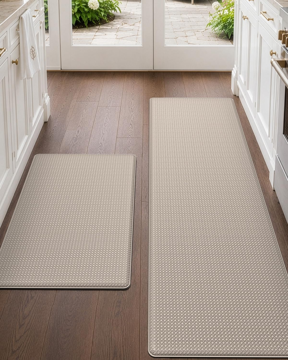 2PCS Kitchen Mats Cushioned Anti-Fatigue 44X75Cm+44X150Cm, Beige