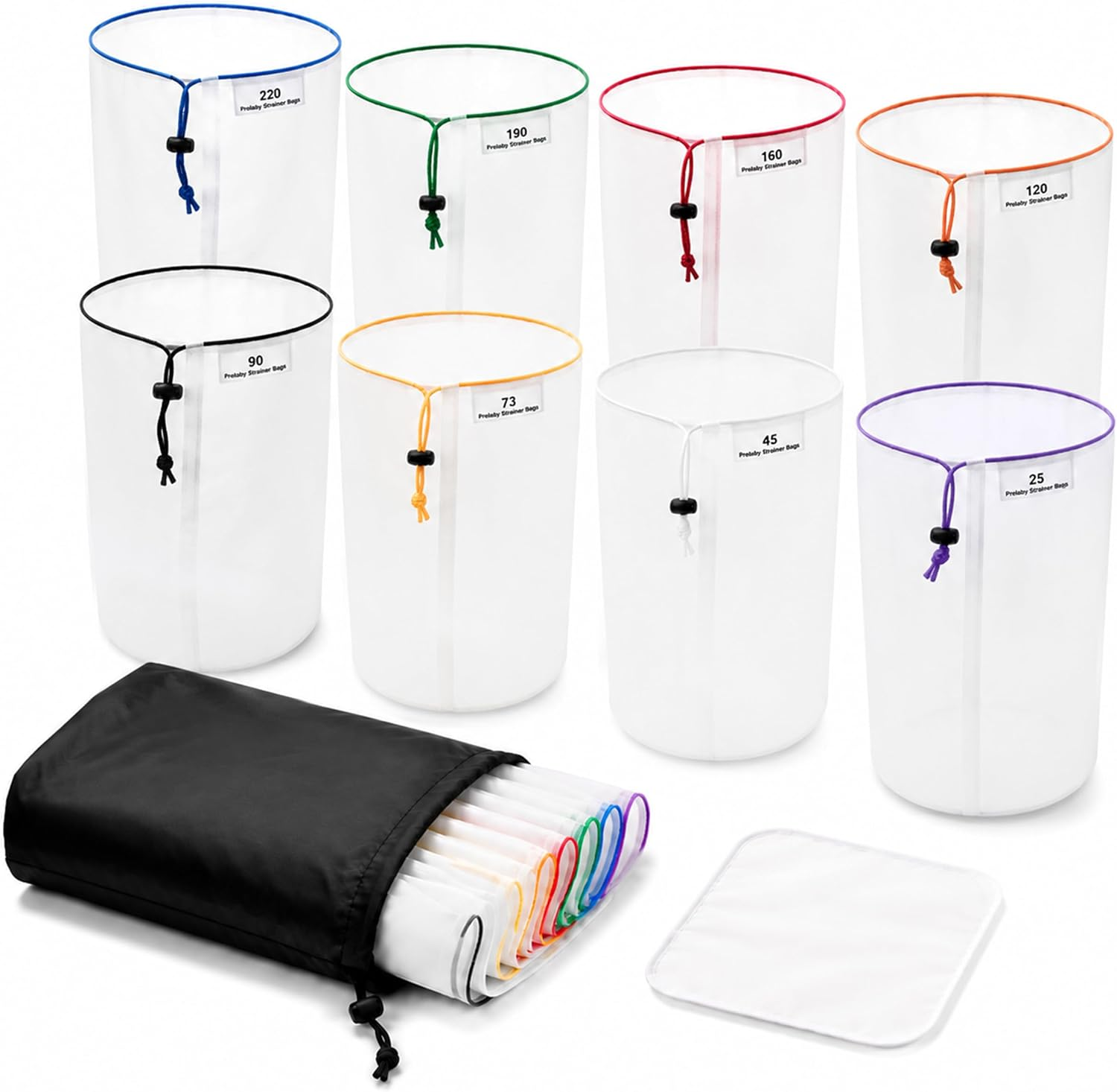 8-Pack 5 Gallon All Mesh Filter Bags Set, 25-220Μm Food-Grade Nylon Strainer Bags with Pressing Screen & Storage Bag, Reusable Waterproof for Brewing Hydroponics Coffee Honey Gardening