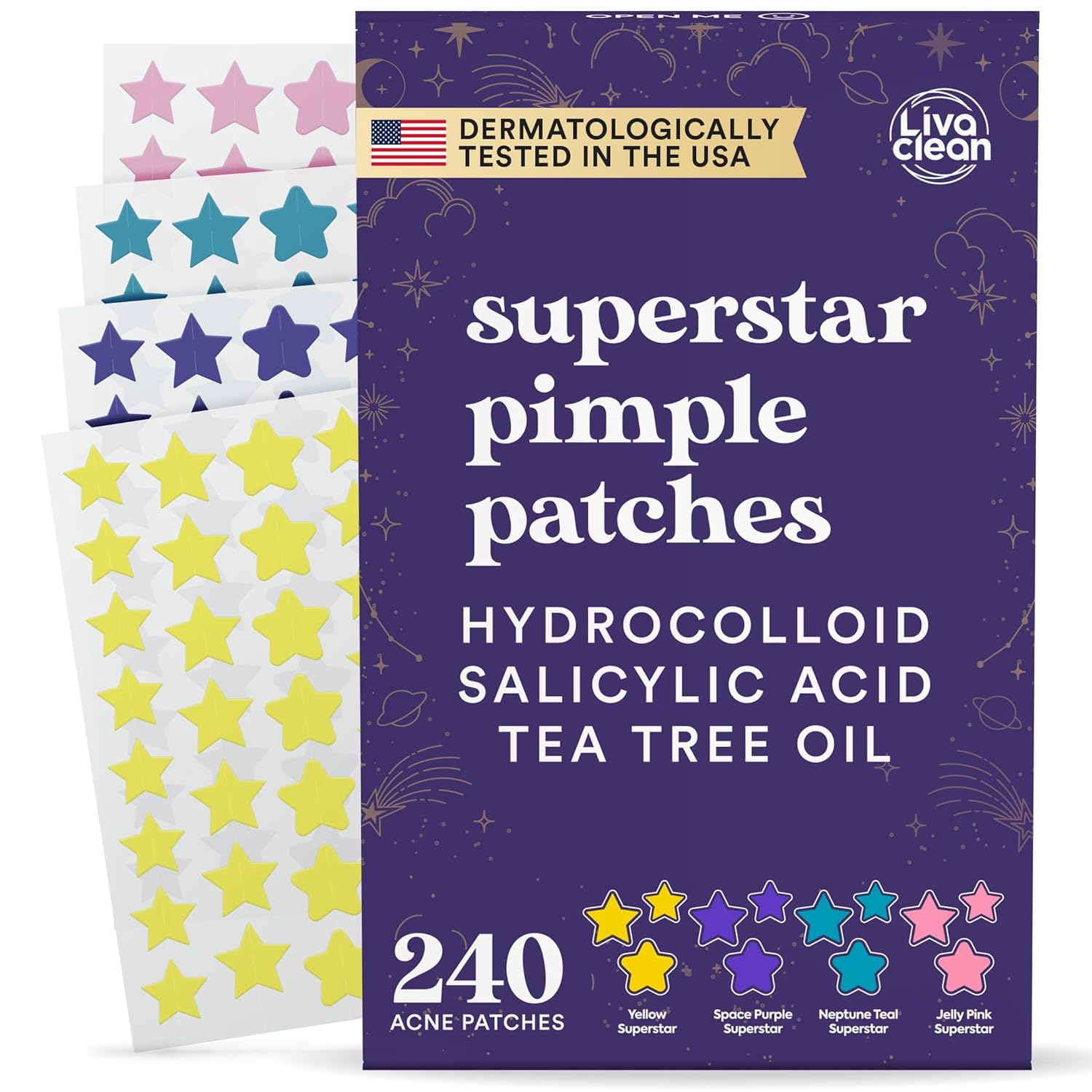 Star Pimple Patches for Face W/ Hydrocolloid, Tea Tree Oil & Salicylic Acid - Zit Stickers, Hydrocolloid Acne Patches for Face - Cute Pimple Patch, Acne Stickers