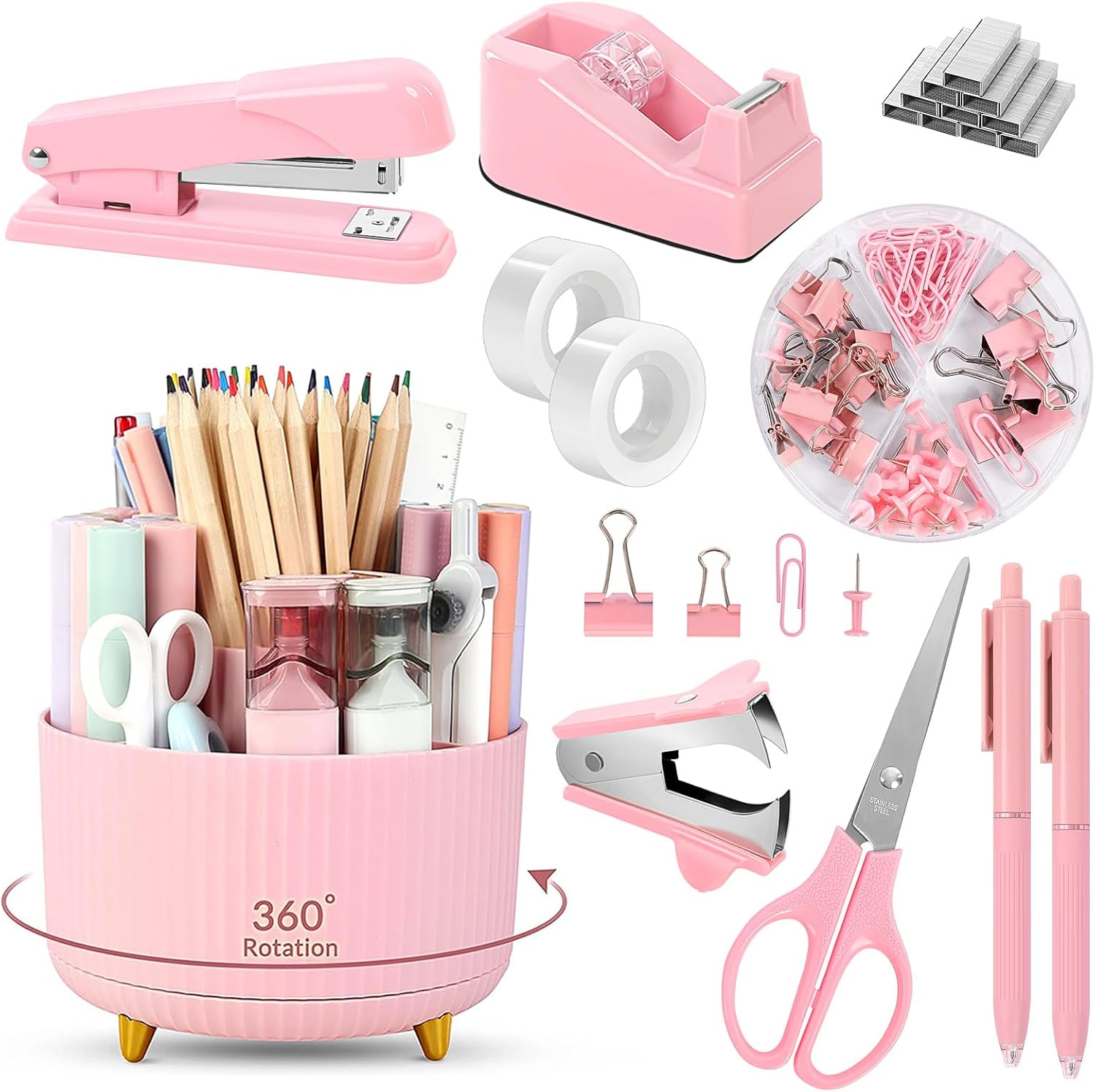 Pink Desk Accessories 10Pcs, Rotating Pen Holder for Desk, Stapler, Staple Remover, Tape Dispenser,2pcs Tape Refills, Binder Paper Clips Kit, Scissor,Pink Office School Supplies