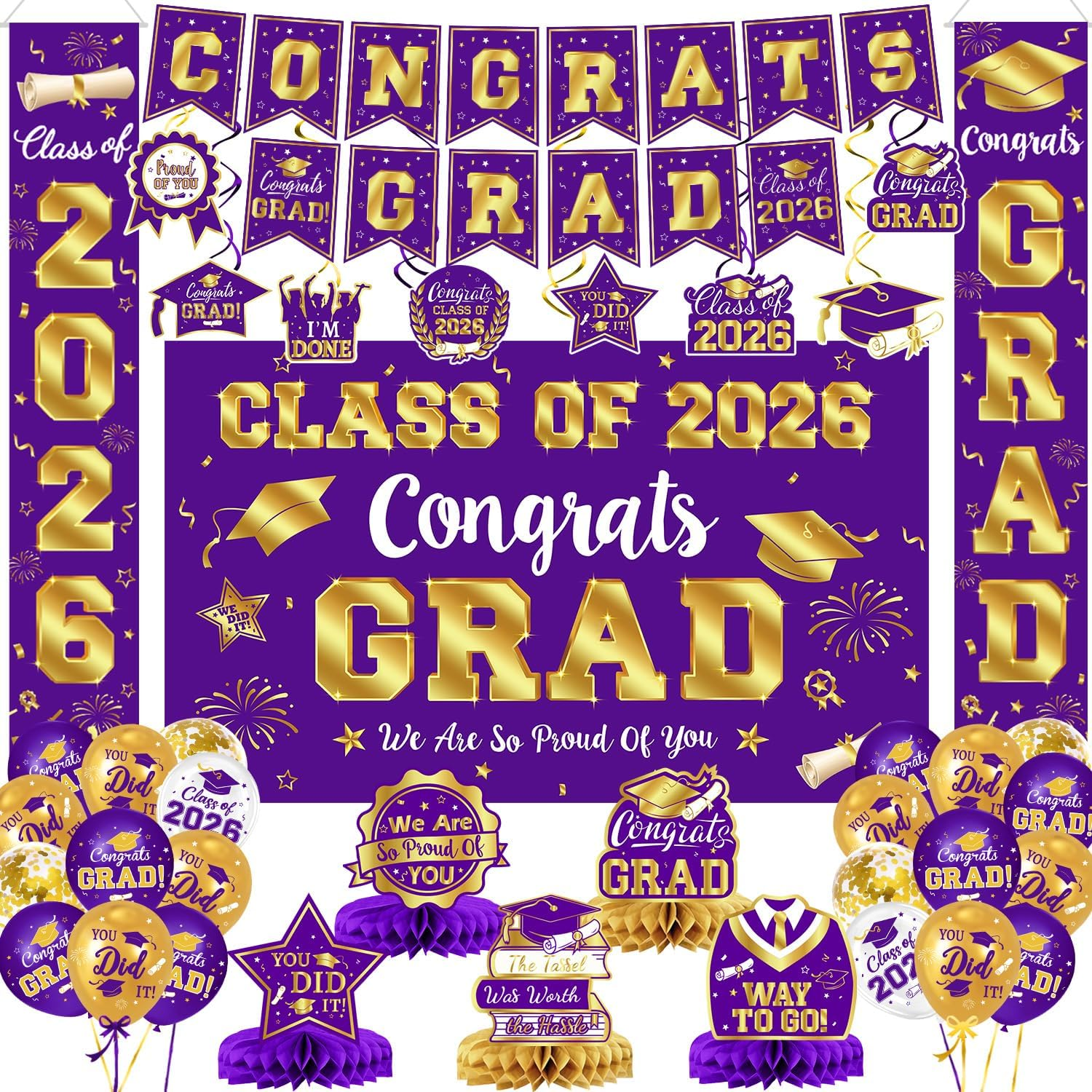 Graduation Decorations Class of 2026 - Purple and Gold Graduation Decorations Set with Congrats Grad Banner & Backdrop, Porch Sign, Hanging Swirls, Balloons, Honeycomb Centerpieces for Congrats Grad Party Decorations