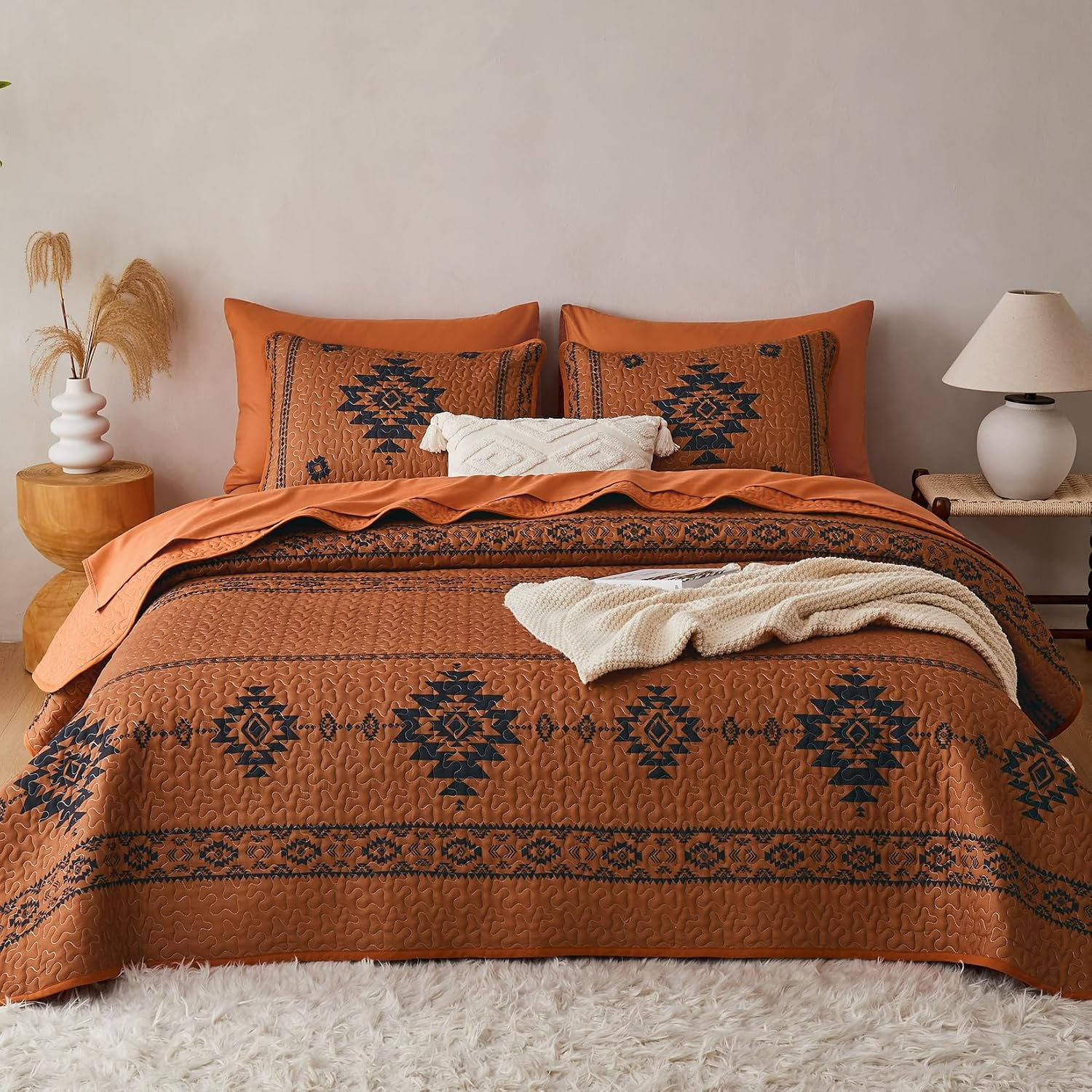 - Western Quilt Set, Southwestern Aztec Country Tribal Native American Rustic Ranch, Reversible Lightweight Bedspread Coverlet, 3 Pieces, Burnt Orange, King Size