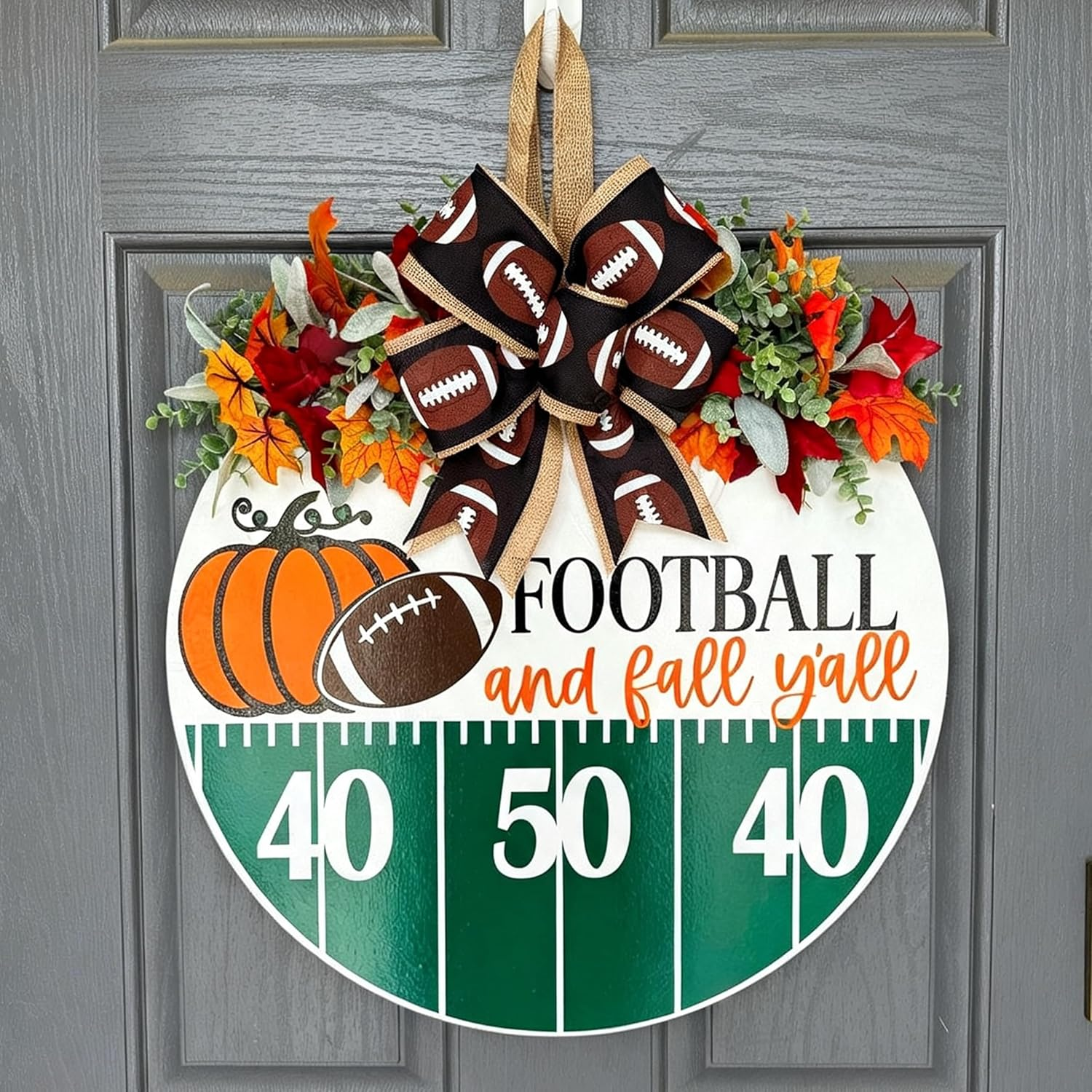 Fall Door Sign for Front Door, round Wooden Football Door Hanger with Pumpkin Wreath Decor, Football Field Design, Fall Welcome Sign, Autumn Porch Decor, Thanksgiving Decorations for Home Outdoor