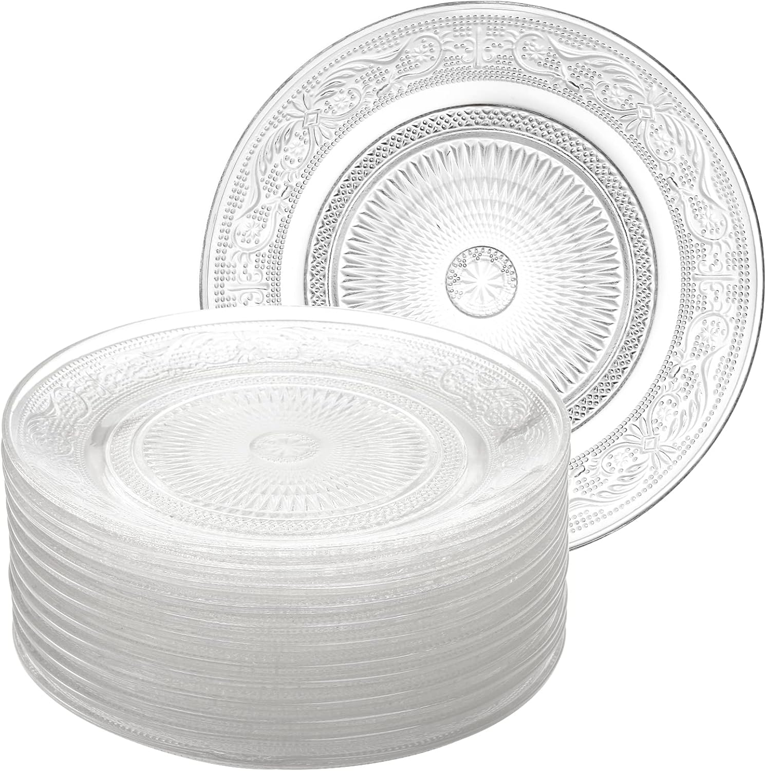 12 Pack Glass Salad Plates, 7 Inches Glass Dessert Plates Fruit Plates Appetizer Plates Snack Plates Glass Dinnerware Set with Beautiful Carved Pattern