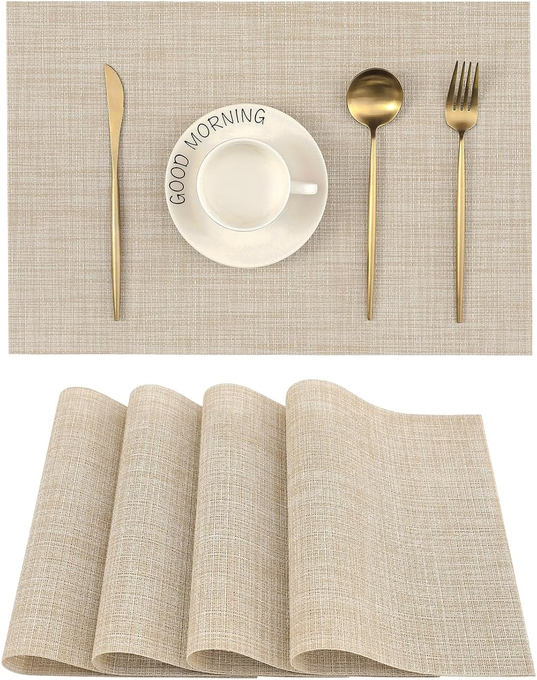 Beige Placemats Set of 4 - Heat-Resistant, Non-Slip Table Mats, Washable Woven Vinyl for Indoor & Outdoor Dining