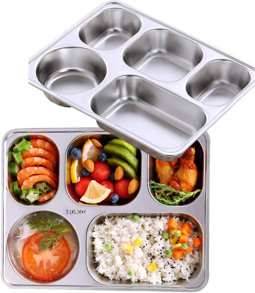 Aiyoo Set of 2 Stainless Steel Rectangular Divided Plates Tray 5 Sections Dinner Plates for Adults - Unbreakable Metal Plate for Campers, and Portion Control Reusable Plate
