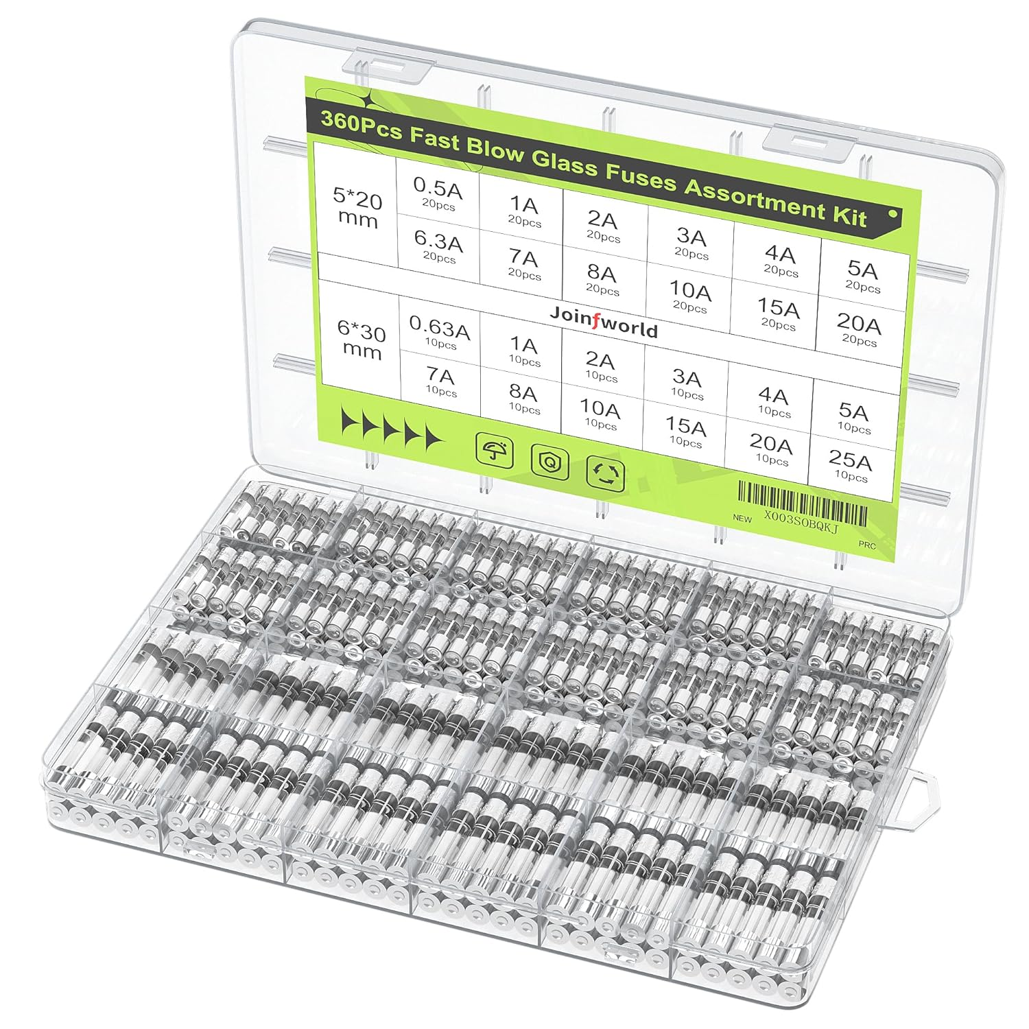 360Pcs Fast Blow Glass Fuses Assortment Kit 24 Values Auto Fuses Assortment Kit 250V 0.5A 0.63A 1A 2A 3A 4A 5A 6.3A 7A 8A 10A 15A 20A 25A 5x20mm & 6x30mm Glass Tube Fuses
