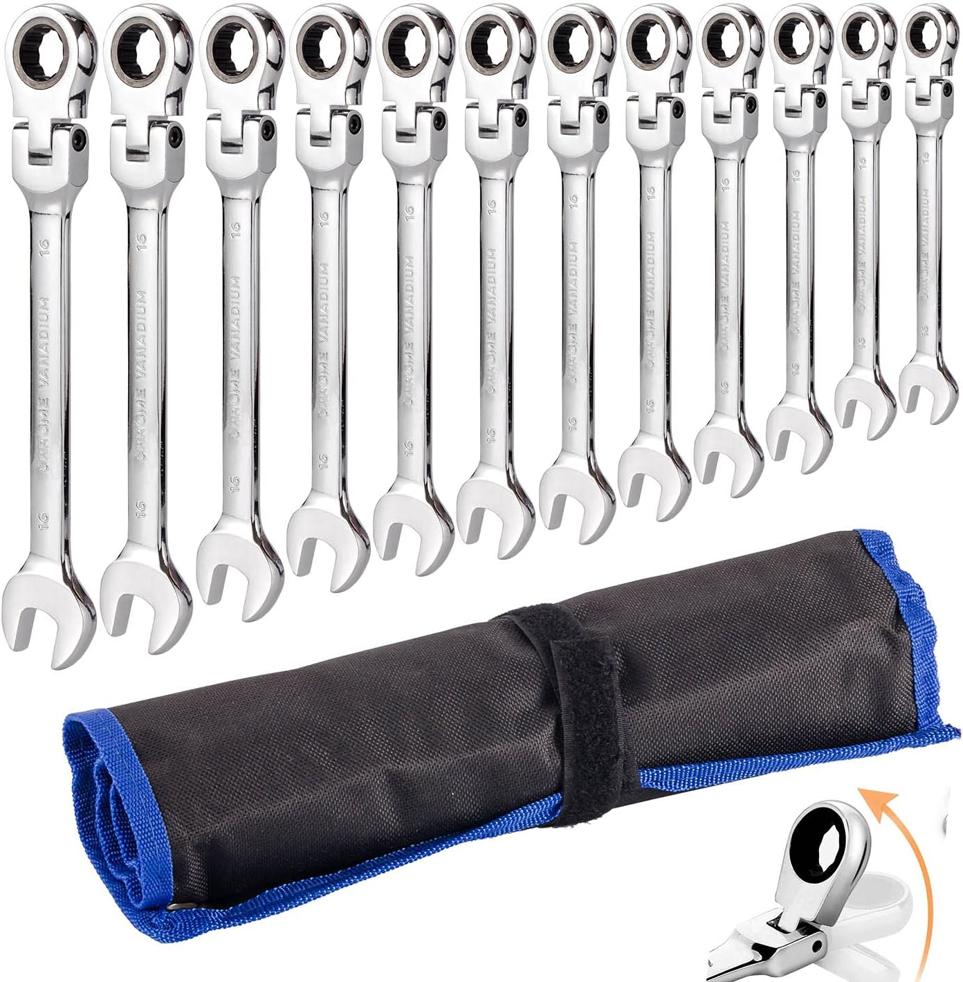 Flexible Ratchet Wrench Set 12Pcs 8-19Mm Spanner Gear Ring Ratcheting Combination Flexi Wrench Kit Metric Flex Head