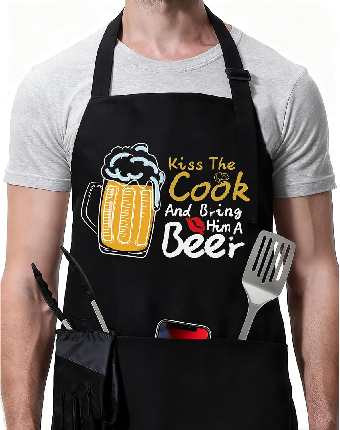 Funny Black Chef Aprons for Men Adjustable BBQ Grill Kitchen Cooking Aprons with Pockets, Grill Accessories