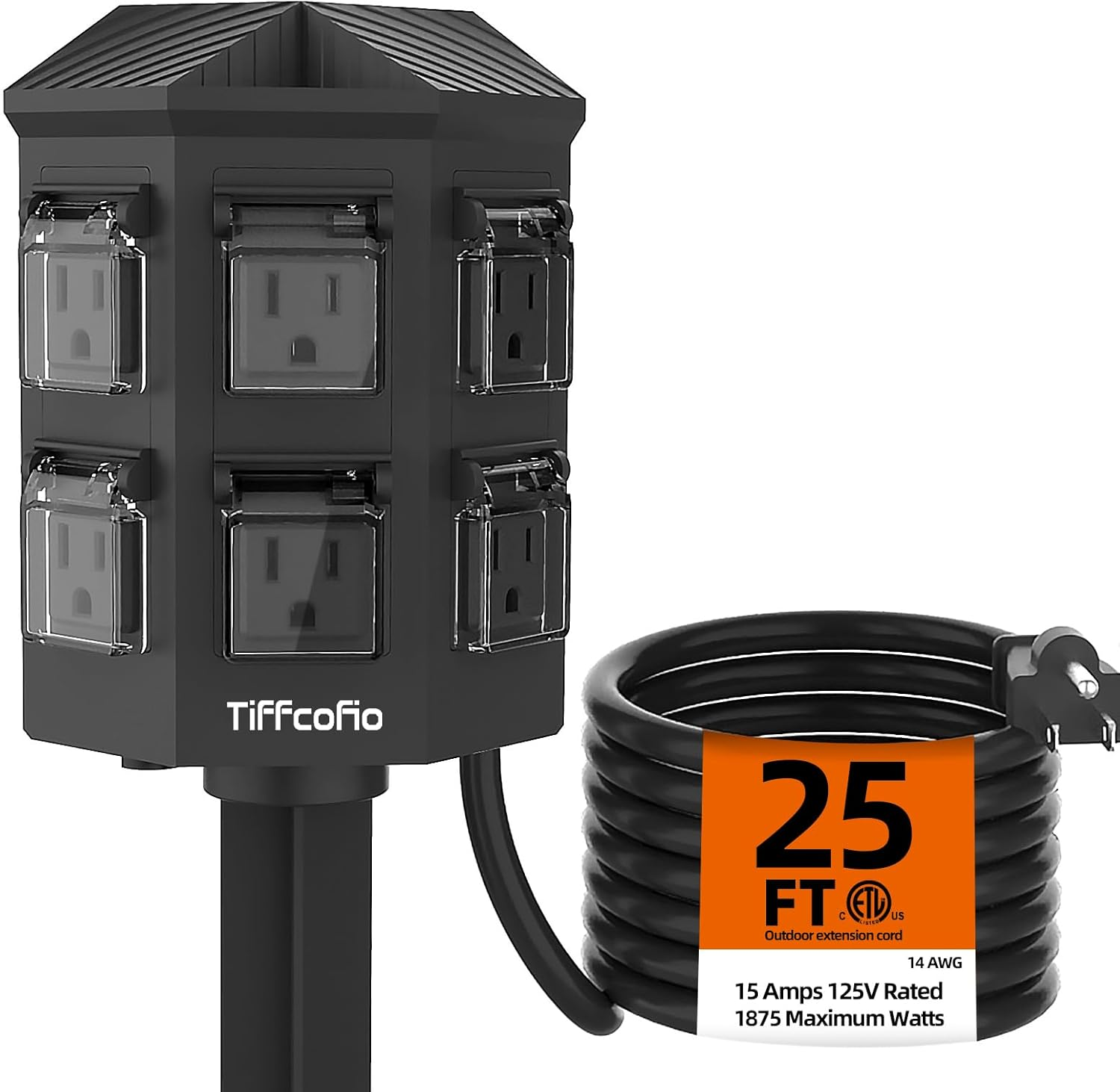 Tiffcofio Outdoor Power Strip Weatherproof, 25 FT Extension Cord with Stake, 6 Grounded Outlets for Halloween/Christmas Decorations and Inflatables, 15A/1875W, ETL Listed