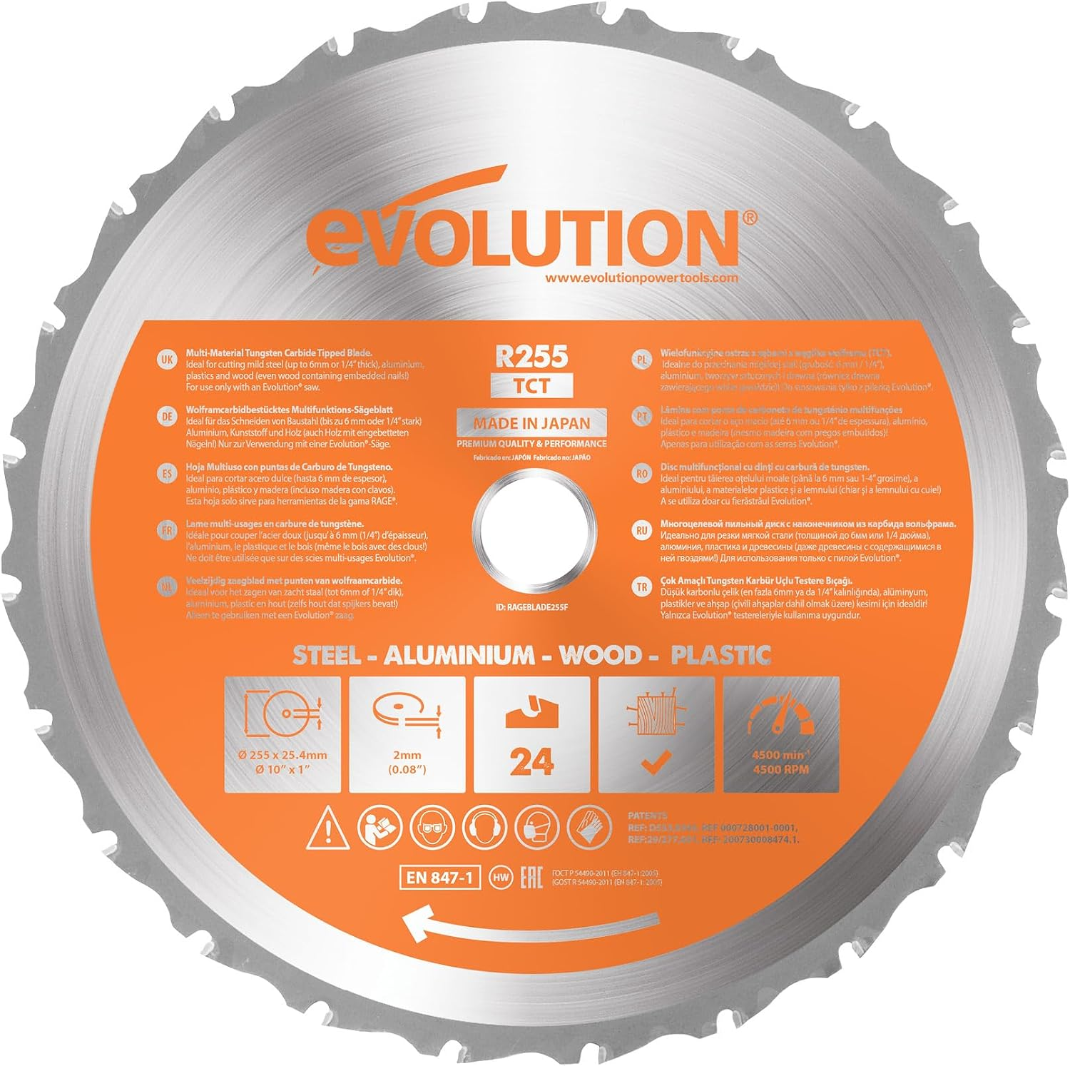 Evolution Power Tools R210TCT-24T Rage Multi-Material TCT Blade Cuts Wood Metal