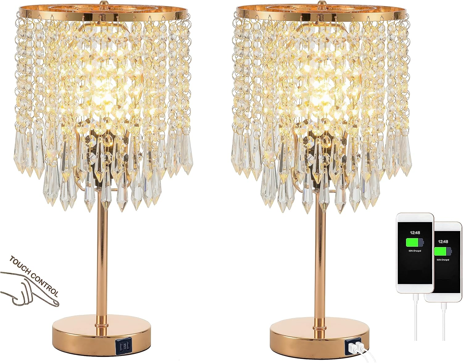 Crystal Table Lamps Set of 2, Gold Lamps for Nightstand with 2 USB Charging Ports, 3-Way Touch Dimmable Crystal Lamp, Gold Bedside Lamp with Elegant Shade for Bedroom, Living Room